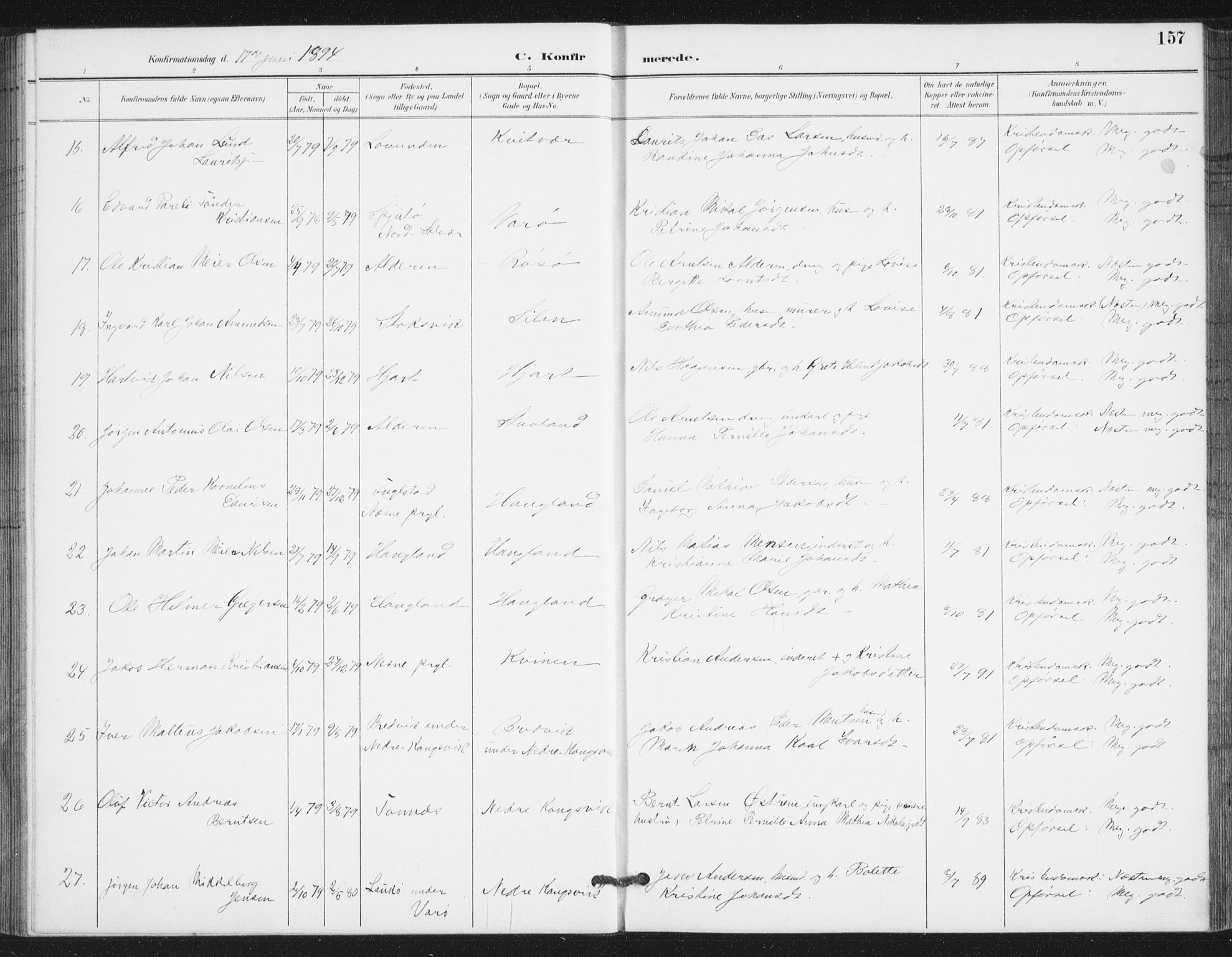 Ministerialprotokoller, klokkerbøker og fødselsregistre - Nordland, AV/SAT-A-1459/839/L0573: Klokkerbok nr. 839C03, 1892-1917, s. 157