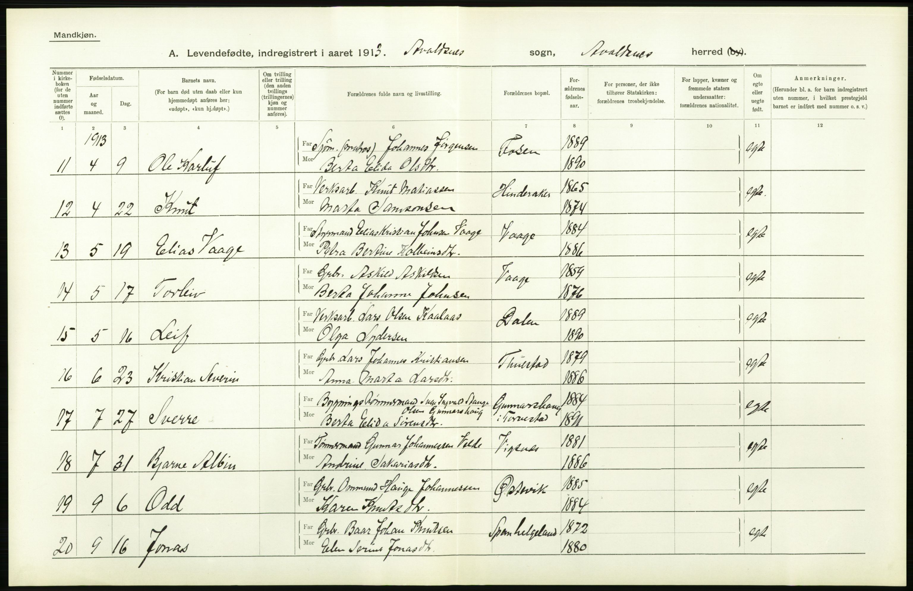 Statistisk sentralbyrå, Sosiodemografiske emner, Befolkning, AV/RA-S-2228/D/Df/Dfb/Dfbc/L0025: Stavanger amt: Levendefødte menn og kvinner. Bygder., 1913, s. 126