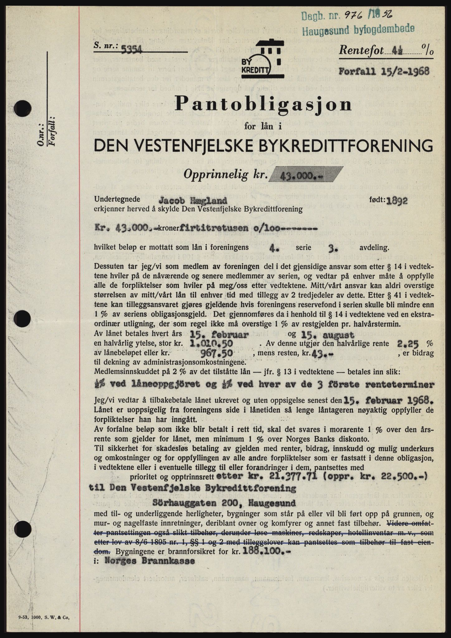 Haugesund tingrett, SAST/A-101415/01/II/IIC/L0042: Pantebok nr. B 42, 1956-1957, Dagboknr: 976/1956
