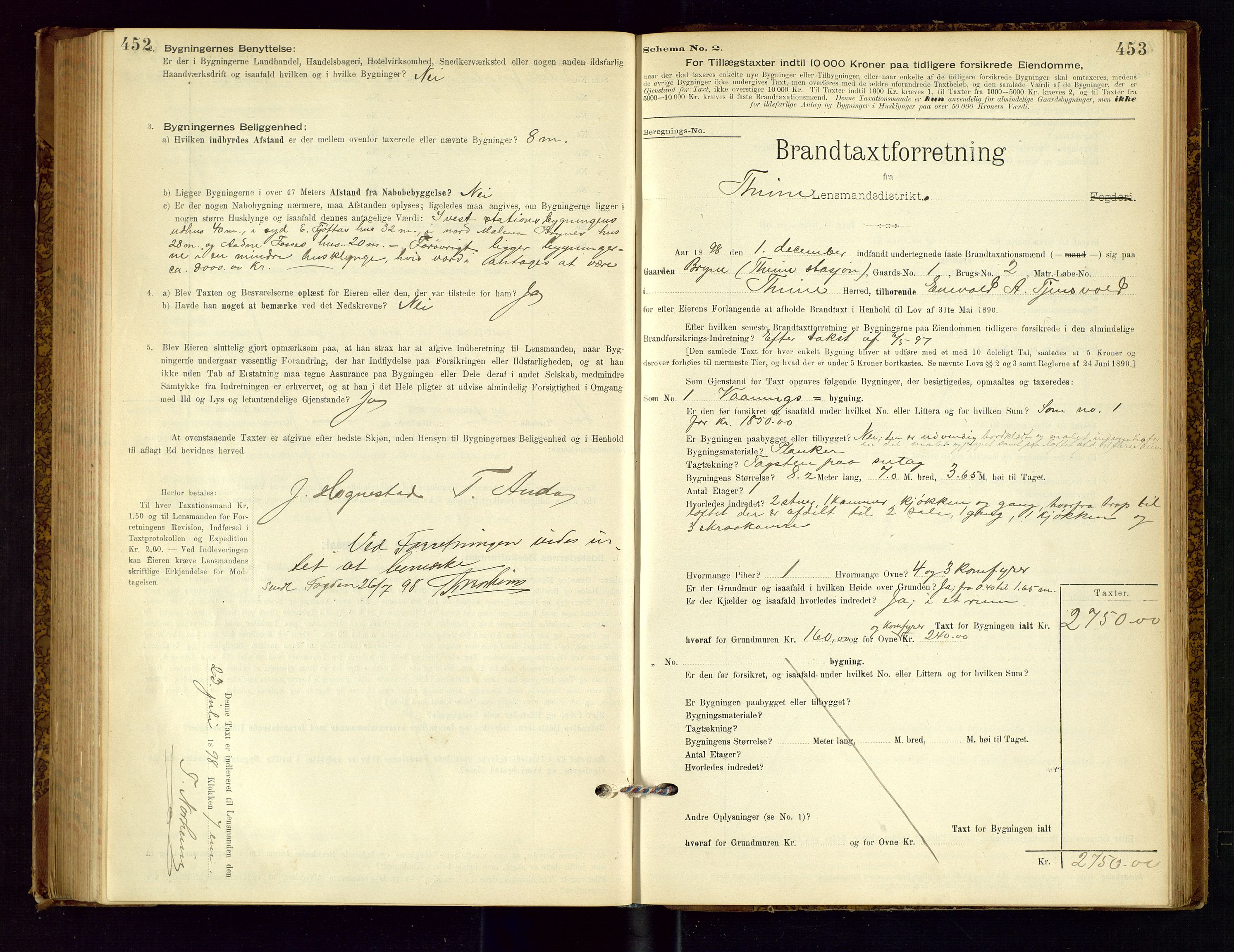 Time lensmannskontor, AV/SAST-A-100420/Gob/L0001: Branntakstprotokoll, 1896-1914, s. 452-453