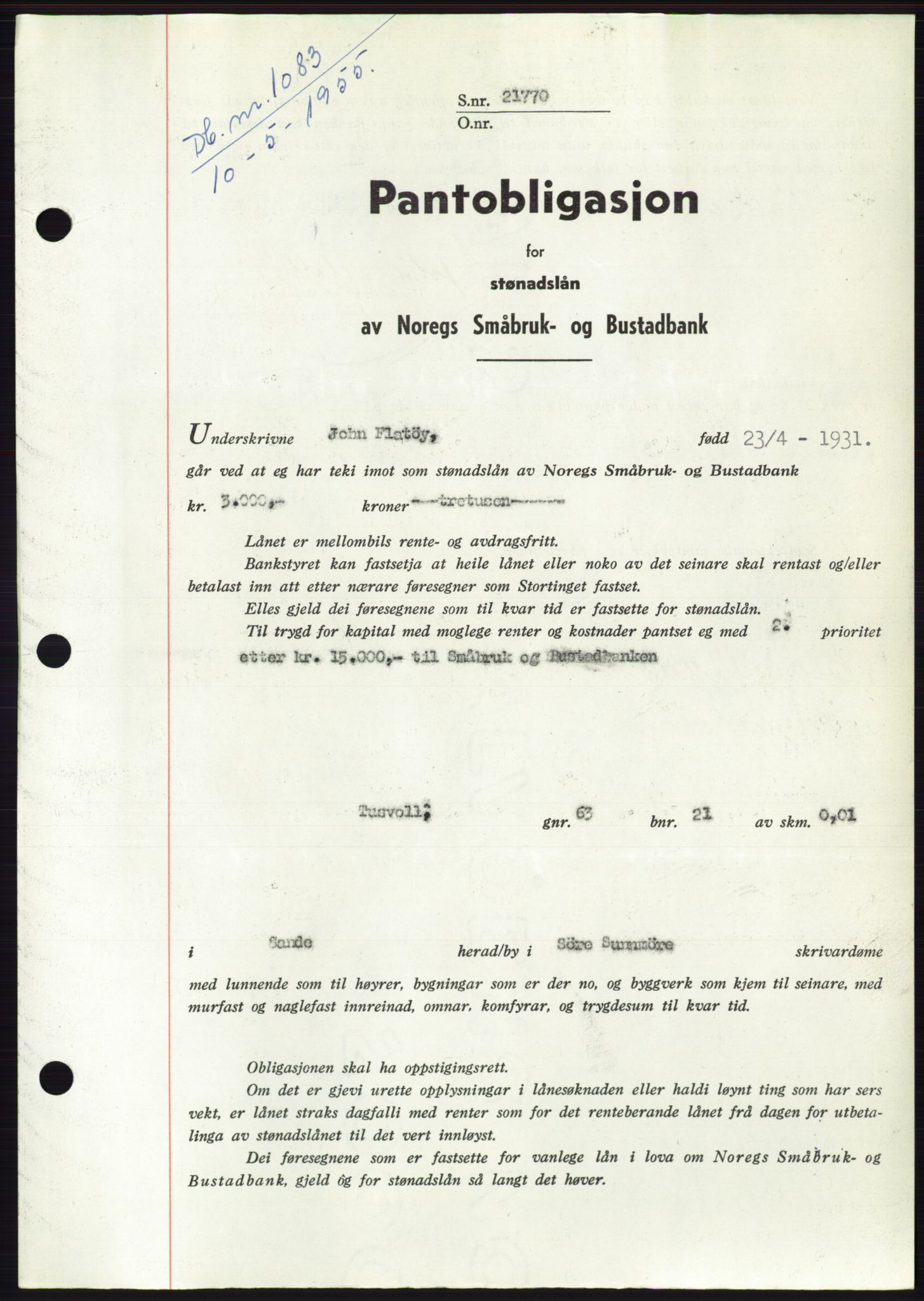 Søre Sunnmøre sorenskriveri, AV/SAT-A-4122/1/2/2C/L0126: Pantebok nr. 14B, 1954-1955, Dagboknr: 1083/1955