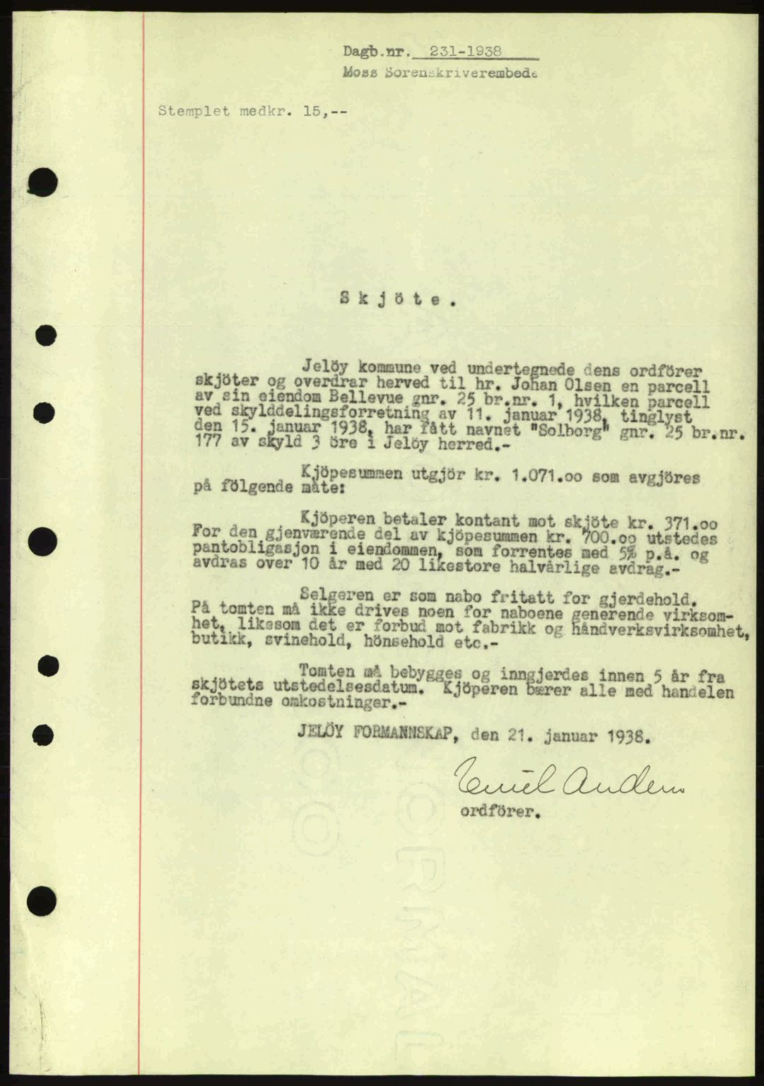 Moss sorenskriveri, SAO/A-10168: Pantebok nr. A3, 1937-1938, Dagboknr: 231/1938