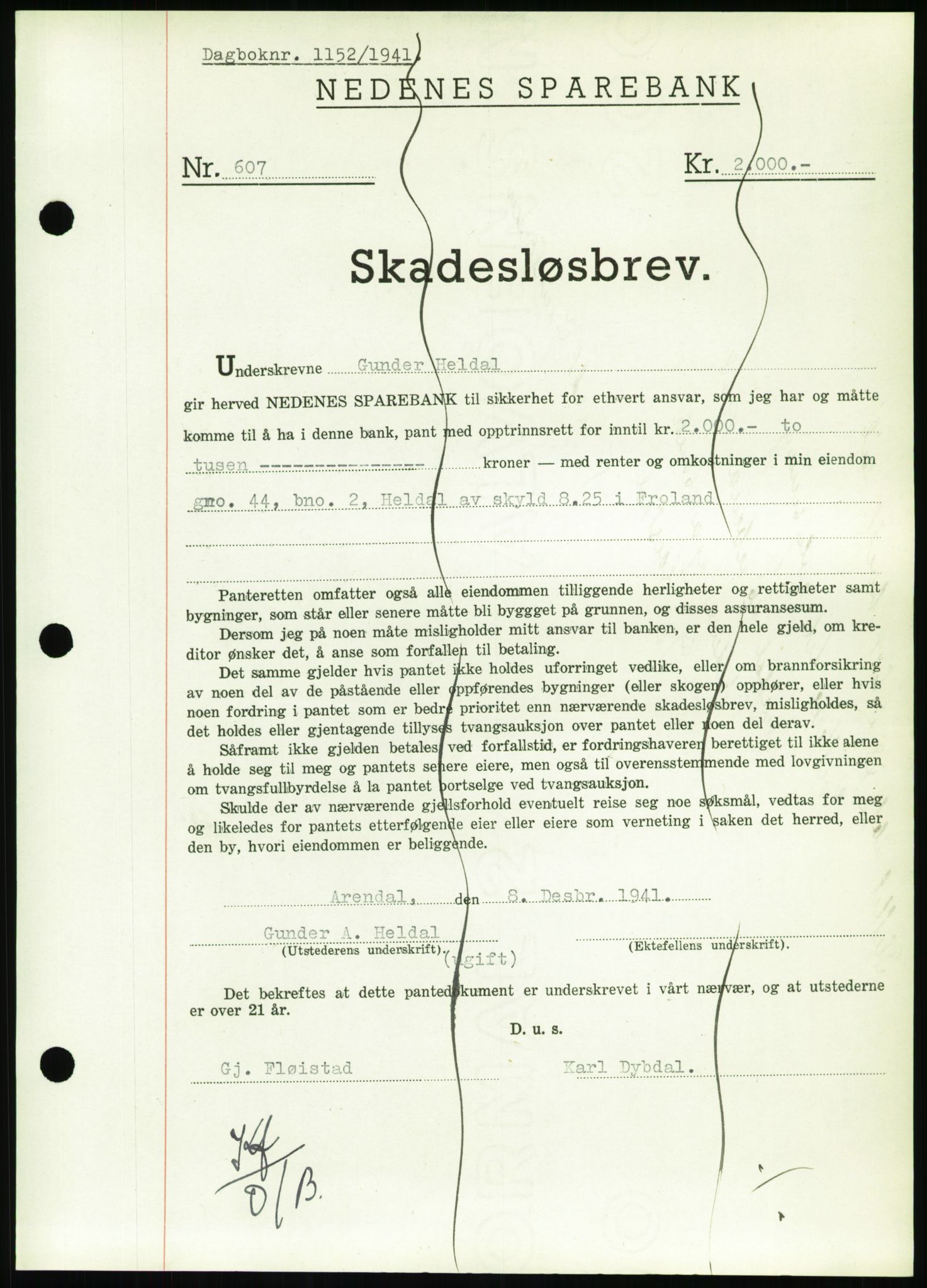 Nedenes sorenskriveri, SAK/1221-0006/G/Gb/Gbb/L0001: Pantebok nr. I, 1939-1942, Dagboknr: 1152/1941