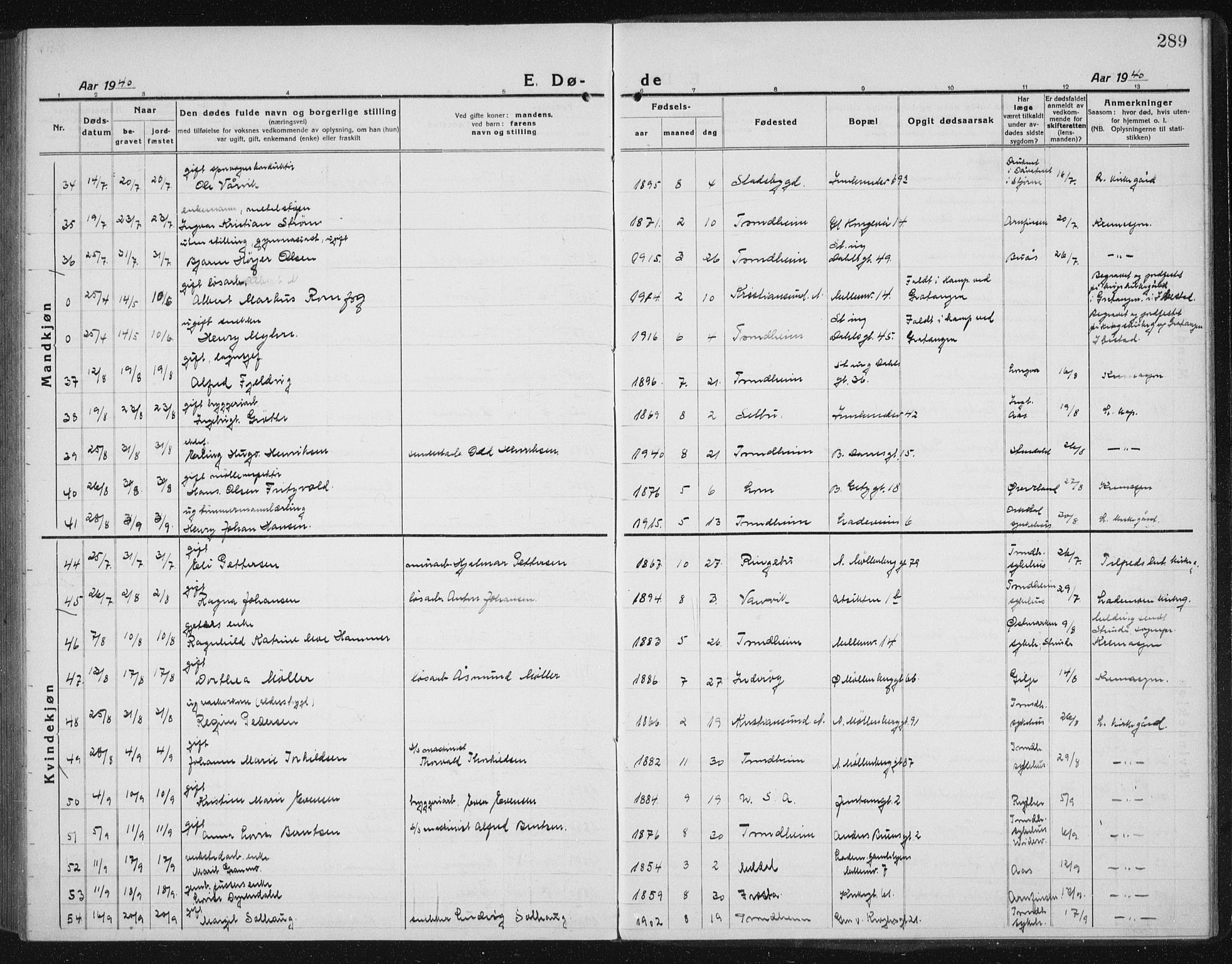 Ministerialprotokoller, klokkerbøker og fødselsregistre - Sør-Trøndelag, AV/SAT-A-1456/605/L0260: Klokkerbok nr. 605C07, 1922-1942, s. 289