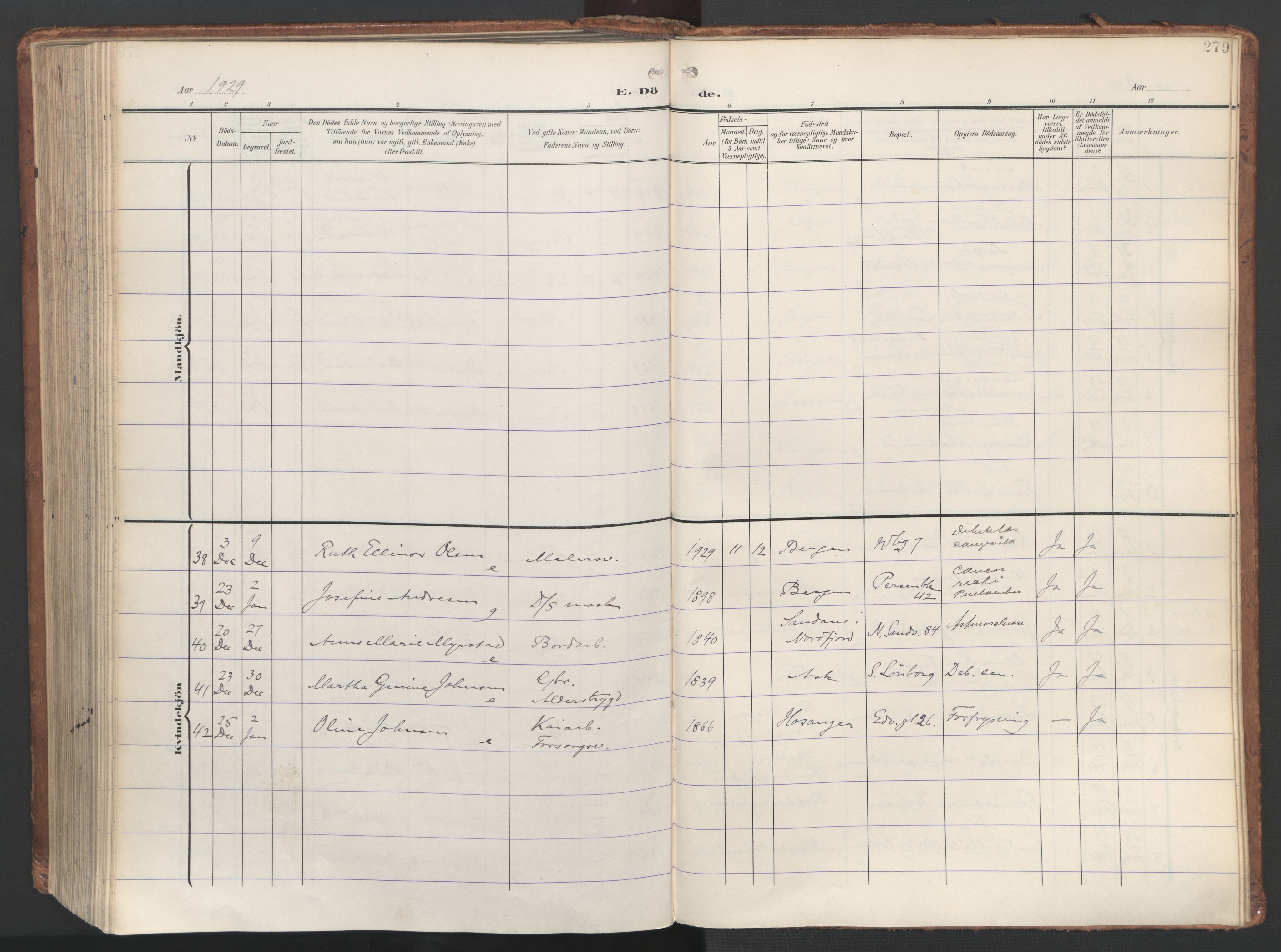 Sandviken Sokneprestembete, AV/SAB-A-77601/H/Ha/L0019: Ministerialbok nr. E 2, 1905-1933, s. 279
