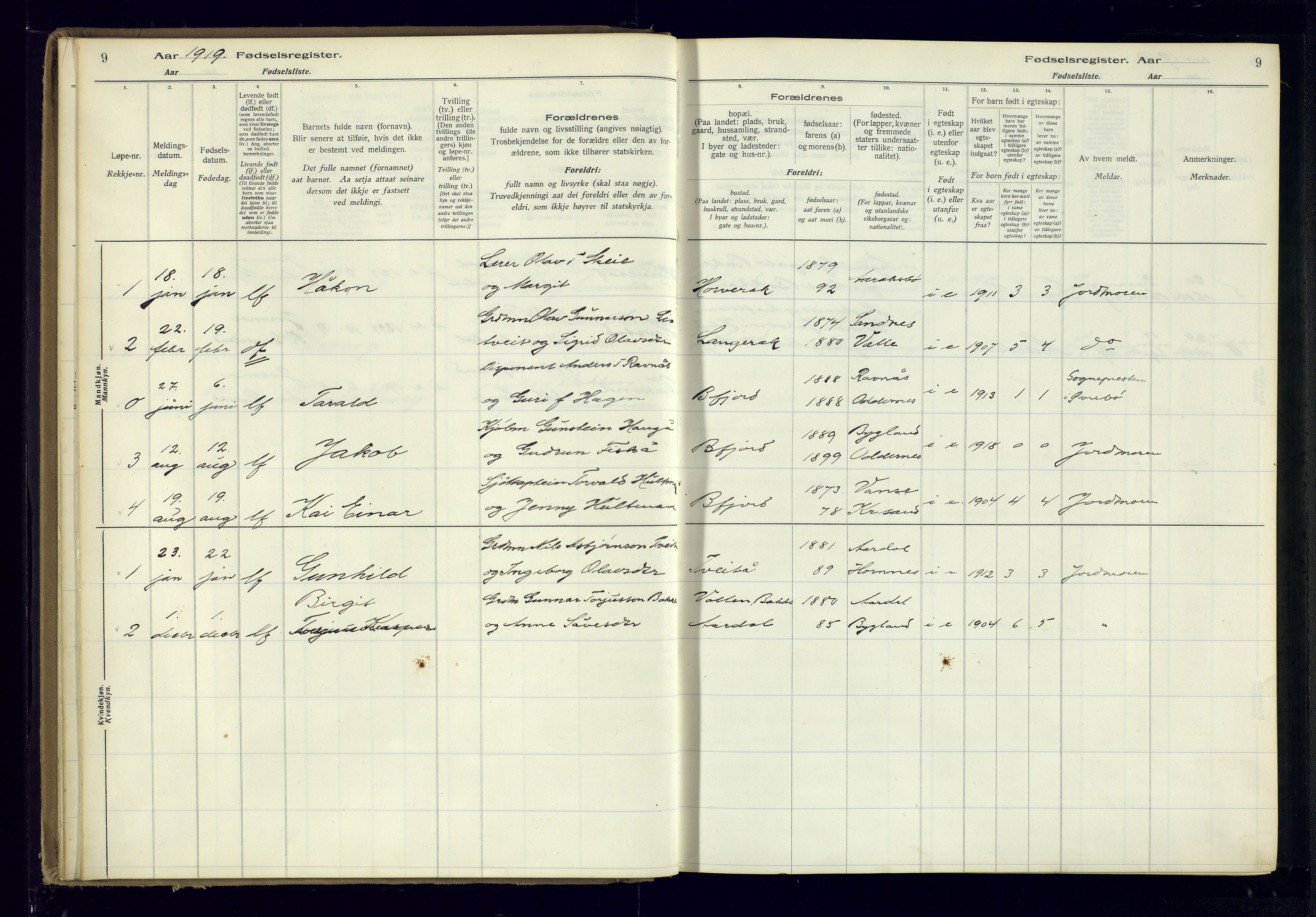 Bygland sokneprestkontor, SAK/1111-0006/J/Ja/L0004: Fødselsregister nr. II.4.5, 1916-1983, s. 9