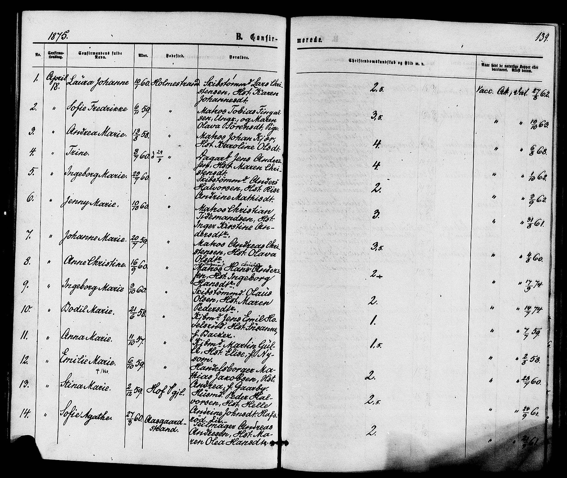 Holmestrand kirkebøker, AV/SAKO-A-346/F/Fa/L0003: Ministerialbok nr. 3, 1867-1879, s. 139
