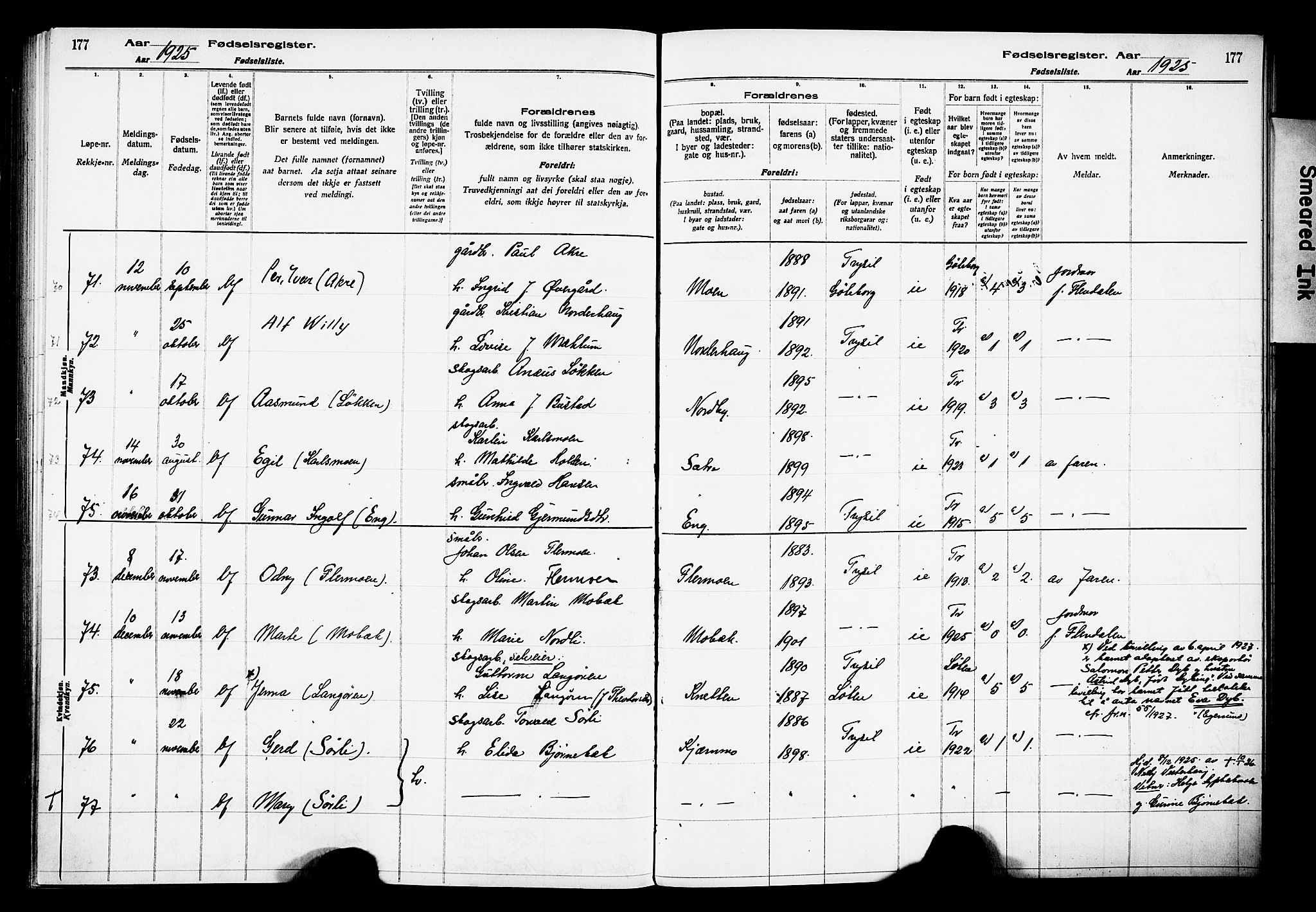 Trysil prestekontor, AV/SAH-PREST-046/I/Id/Ida/L0001: Fødselsregister nr. I 1, 1916-1927, s. 177