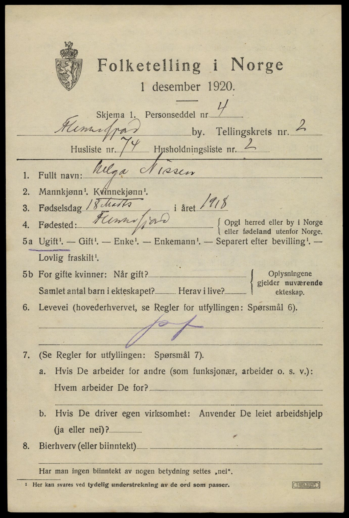 SAK, Folketelling 1920 for 1004 Flekkefjord kjøpstad, 1920, s. 3388