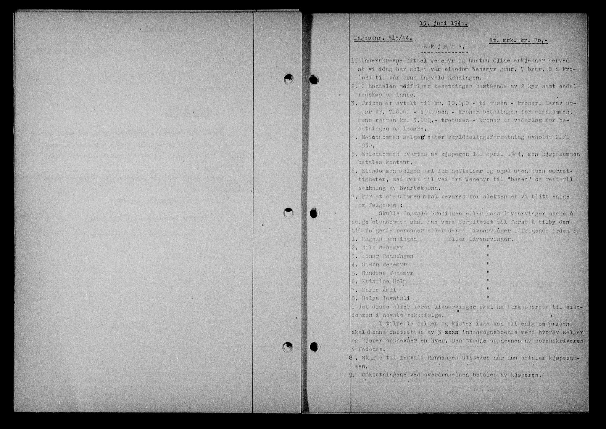 Nedenes sorenskriveri, AV/SAK-1221-0006/G/Gb/Gba/L0051: Pantebok nr. A-V, 1943-1944, Dagboknr: 515/1944