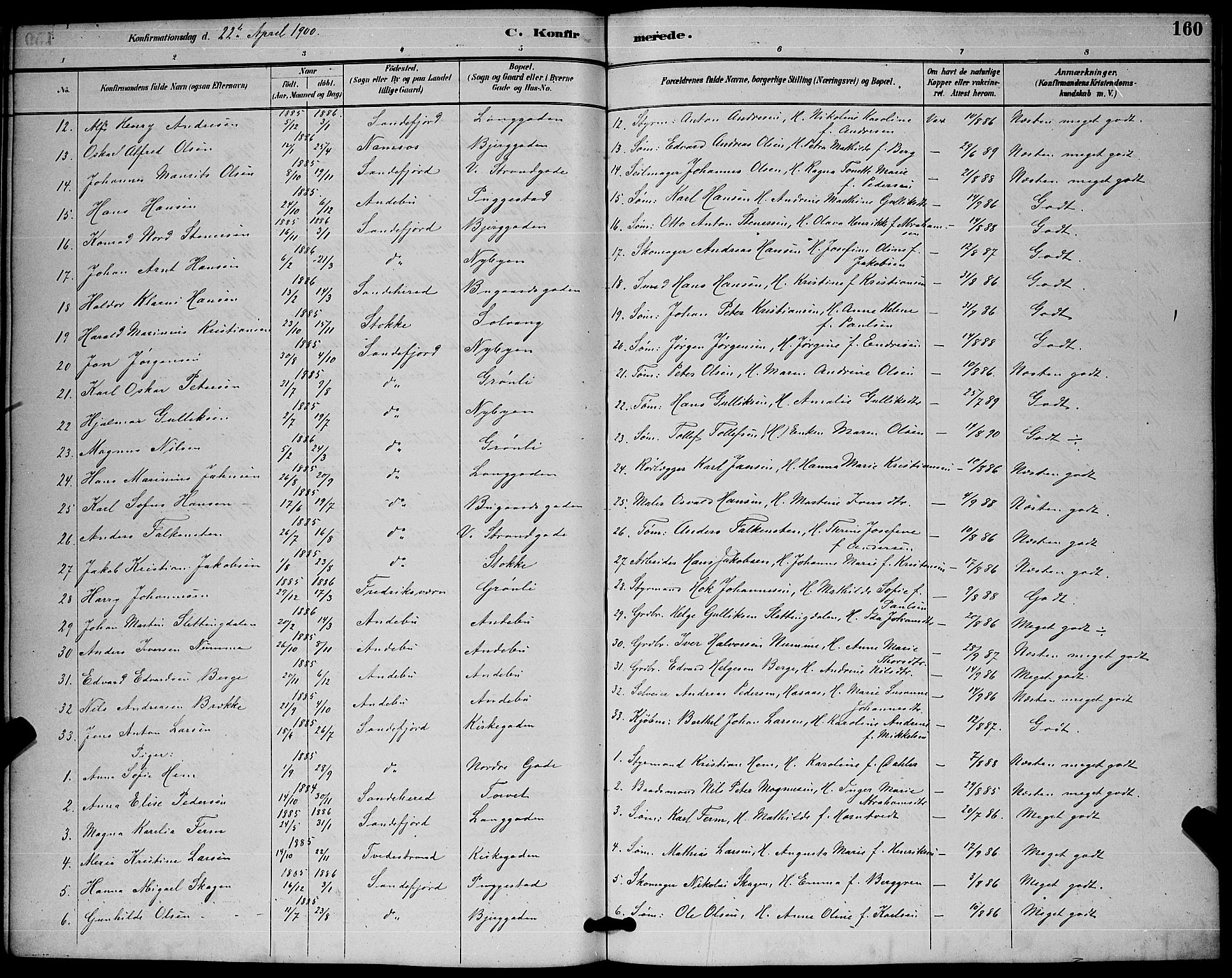 Sandefjord kirkebøker, AV/SAKO-A-315/G/Ga/L0001: Klokkerbok nr. 1, 1885-1903, s. 160