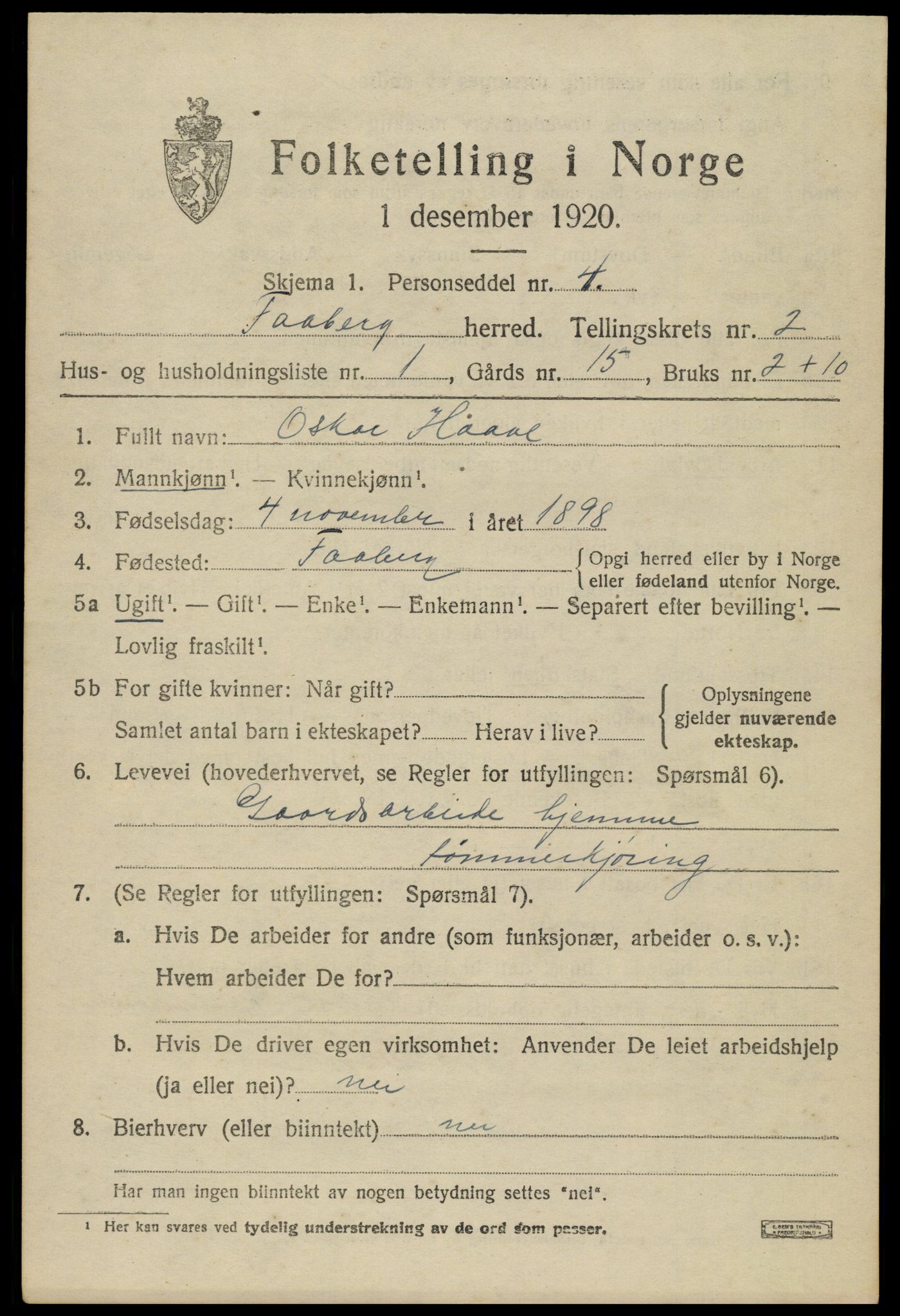 SAH, Folketelling 1920 for 0524 Fåberg herred, 1920, s. 3236