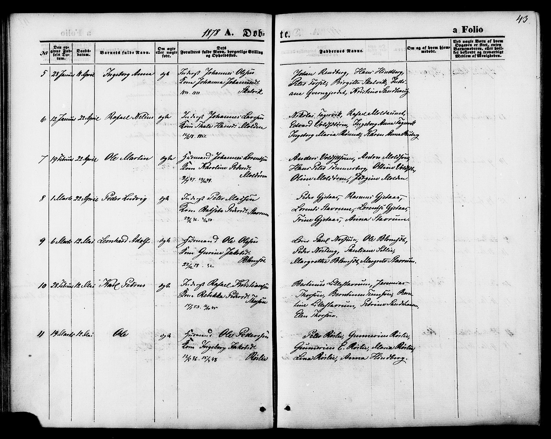 Ministerialprotokoller, klokkerbøker og fødselsregistre - Nord-Trøndelag, SAT/A-1458/744/L0419: Ministerialbok nr. 744A03, 1867-1881, s. 43