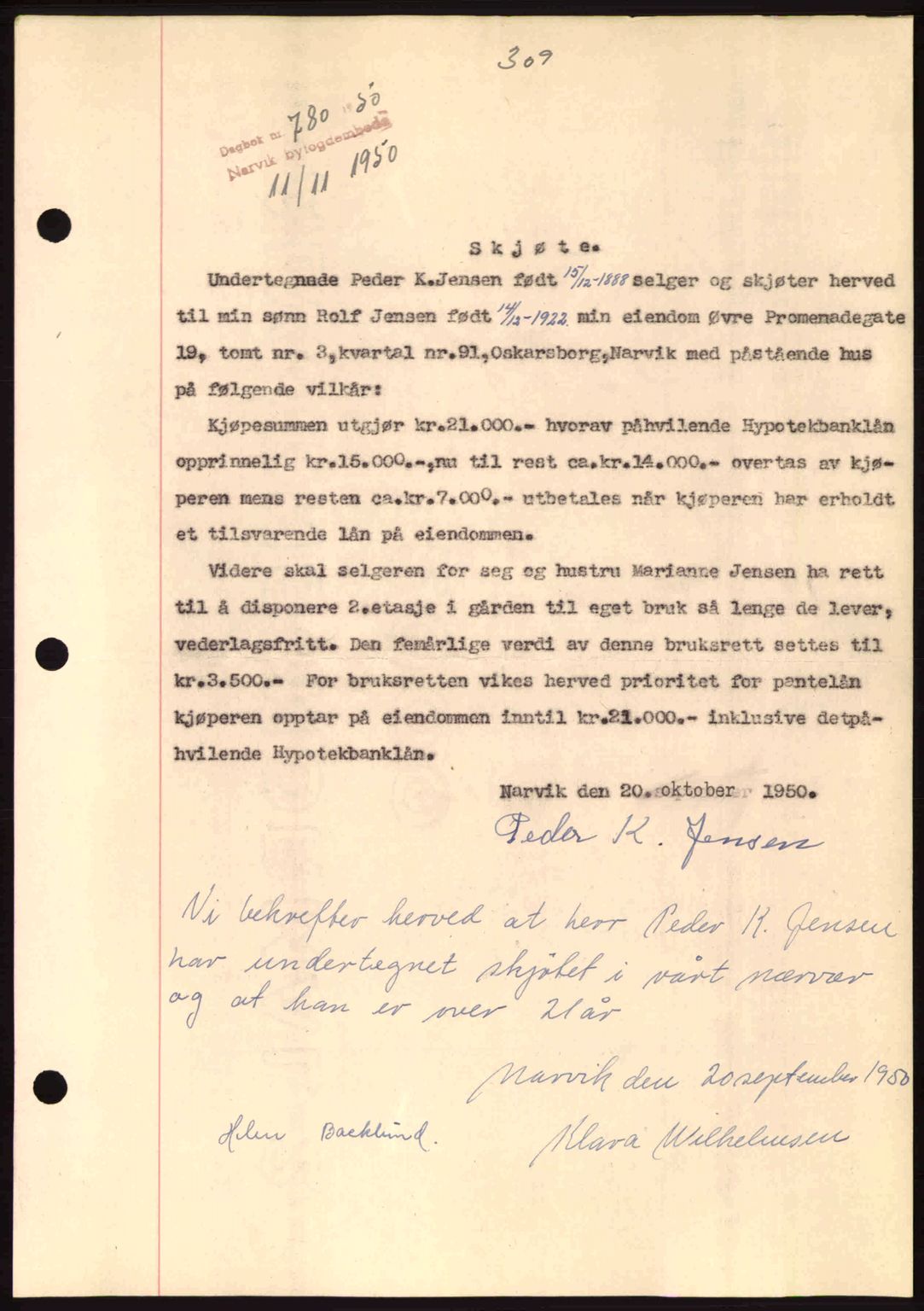 Narvik sorenskriveri, SAT/A-0002/1/2/2C/2Ca: Pantebok nr. A26, 1950-1950, Dagboknr: 780/1950