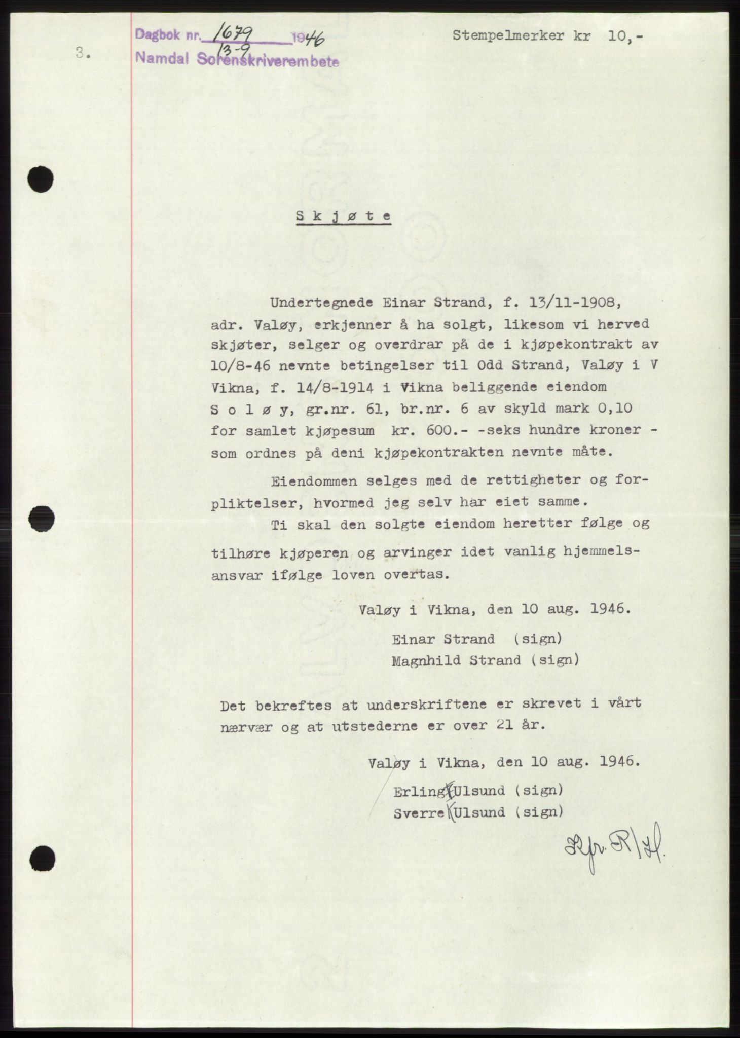 Namdal sorenskriveri, SAT/A-4133/1/2/2C: Pantebok nr. -, 1946-1947, Dagboknr: 1679/1946