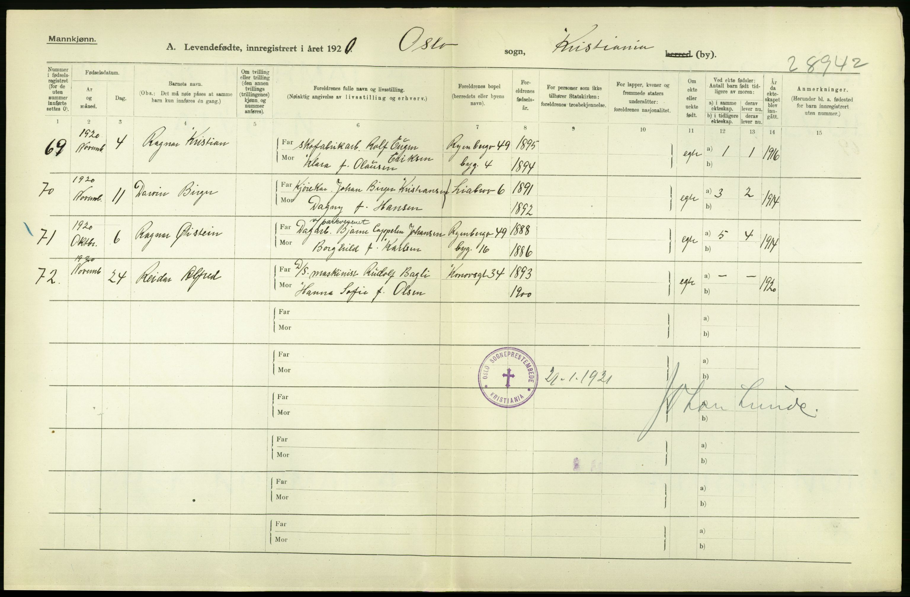 Statistisk sentralbyrå, Sosiodemografiske emner, Befolkning, AV/RA-S-2228/D/Df/Dfb/Dfbj/L0008: Kristiania: Levendefødte menn og kvinner., 1920, s. 24