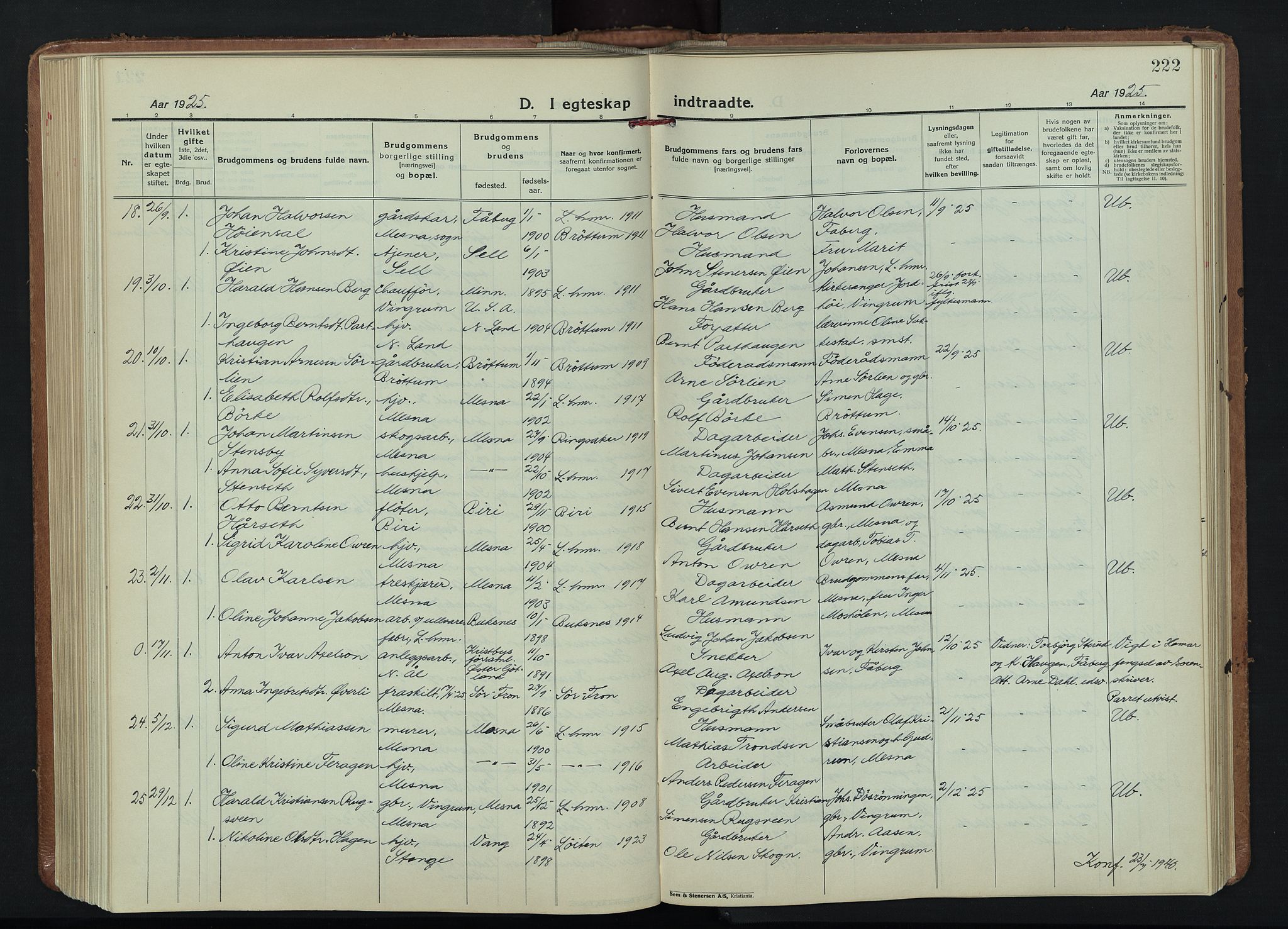 Fåberg prestekontor, SAH/PREST-086/H/Ha/Hab/L0015: Klokkerbok nr. 15, 1924-1949, s. 222