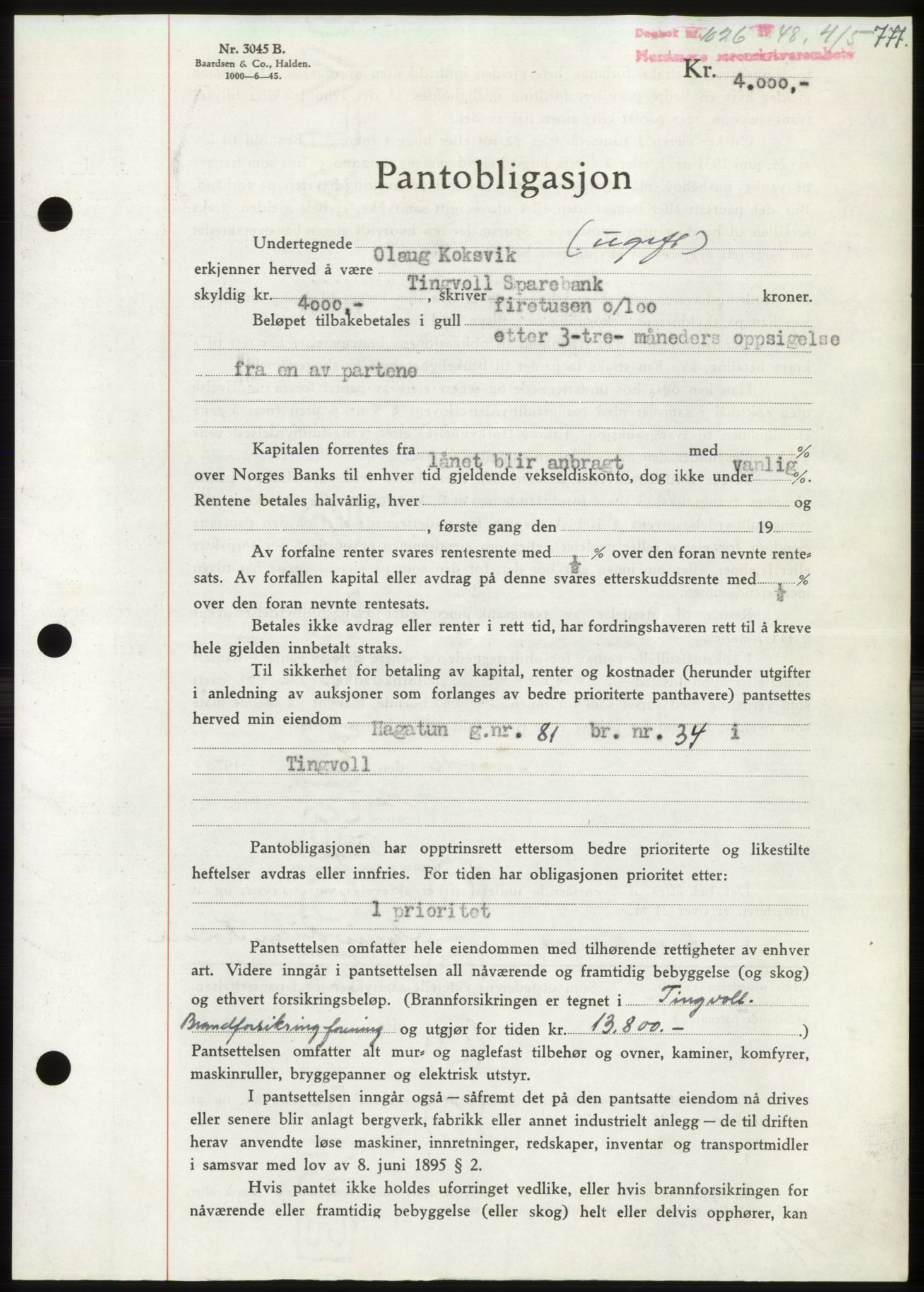 Nordmøre sorenskriveri, AV/SAT-A-4132/1/2/2Ca: Pantebok nr. B98, 1948-1948, Dagboknr: 1026/1948