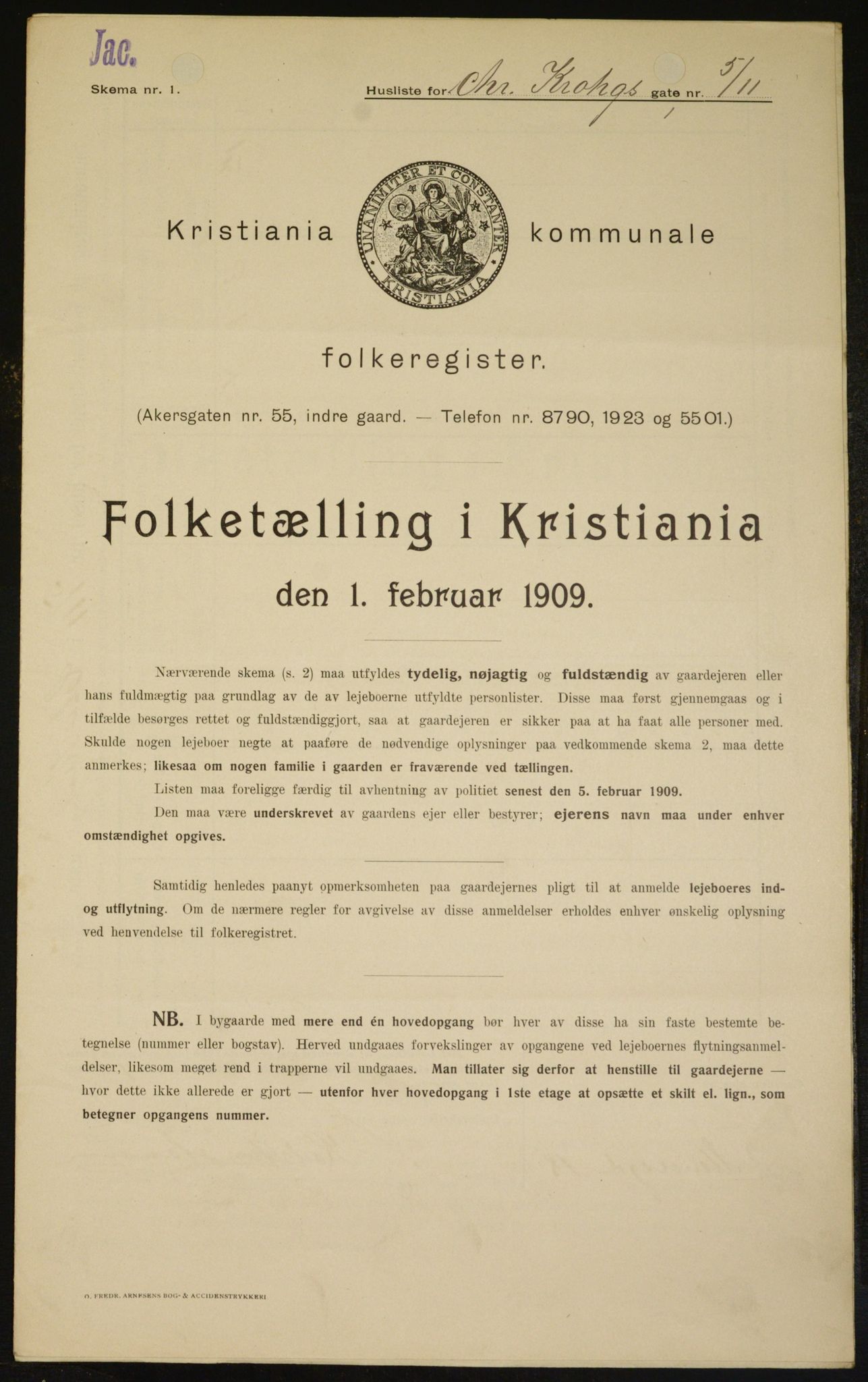 OBA, Kommunal folketelling 1.2.1909 for Kristiania kjøpstad, 1909, s. 10595