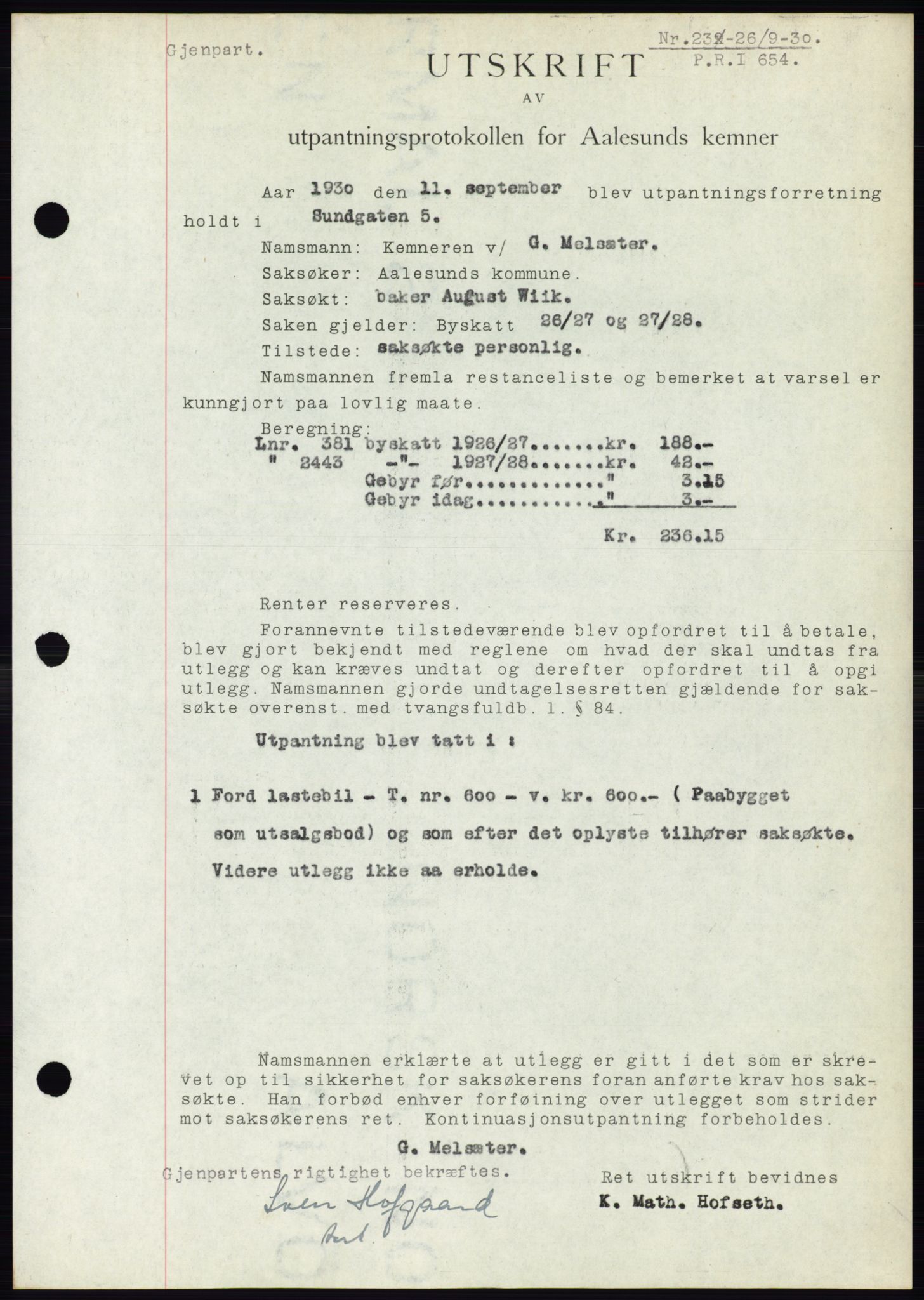 Ålesund byfogd, AV/SAT-A-4384: Pantebok nr. 26, 1930-1930, Tingl.dato: 26.09.1930