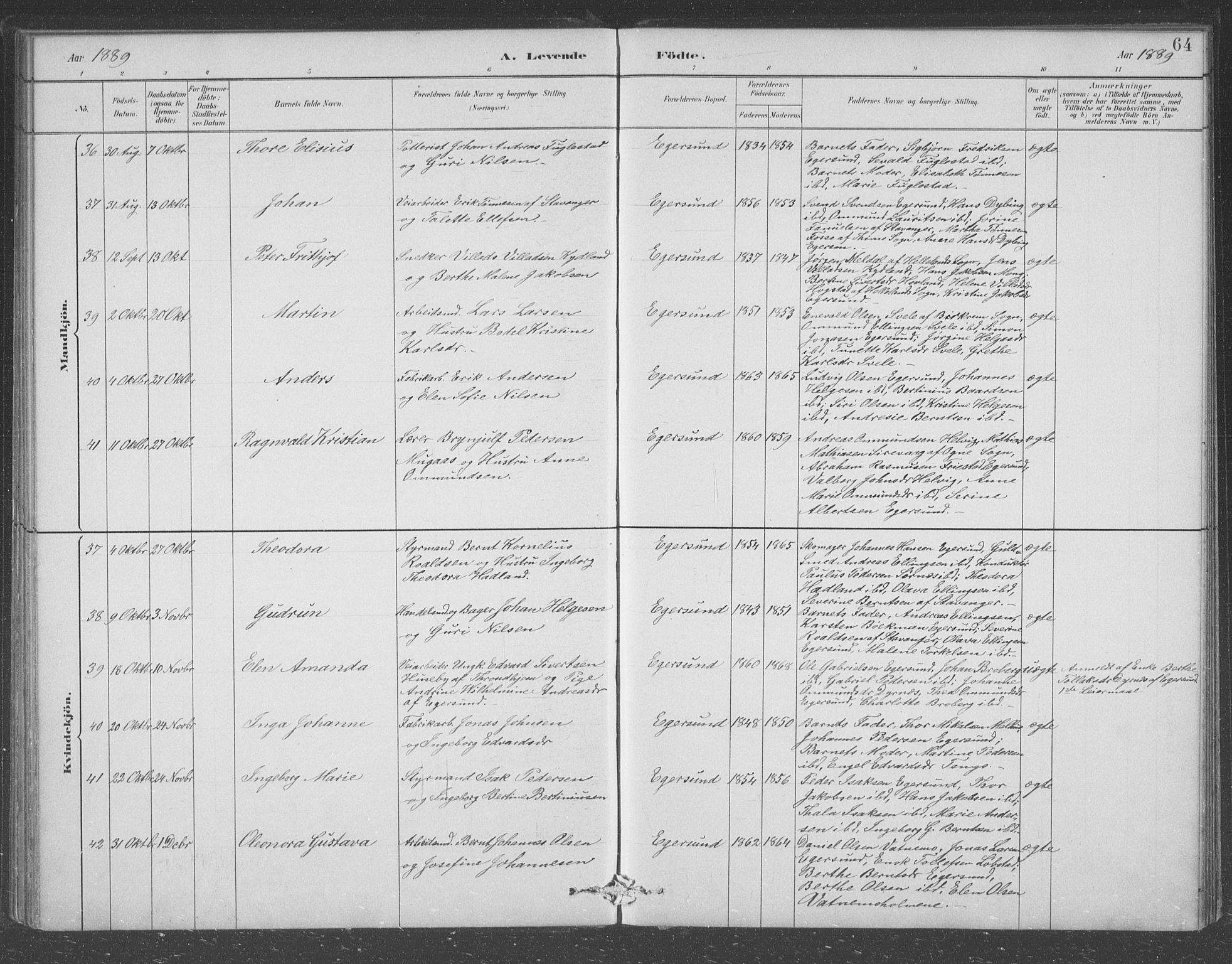 Eigersund sokneprestkontor, AV/SAST-A-101807/S09/L0008: Klokkerbok nr. B 8, 1882-1892, s. 64