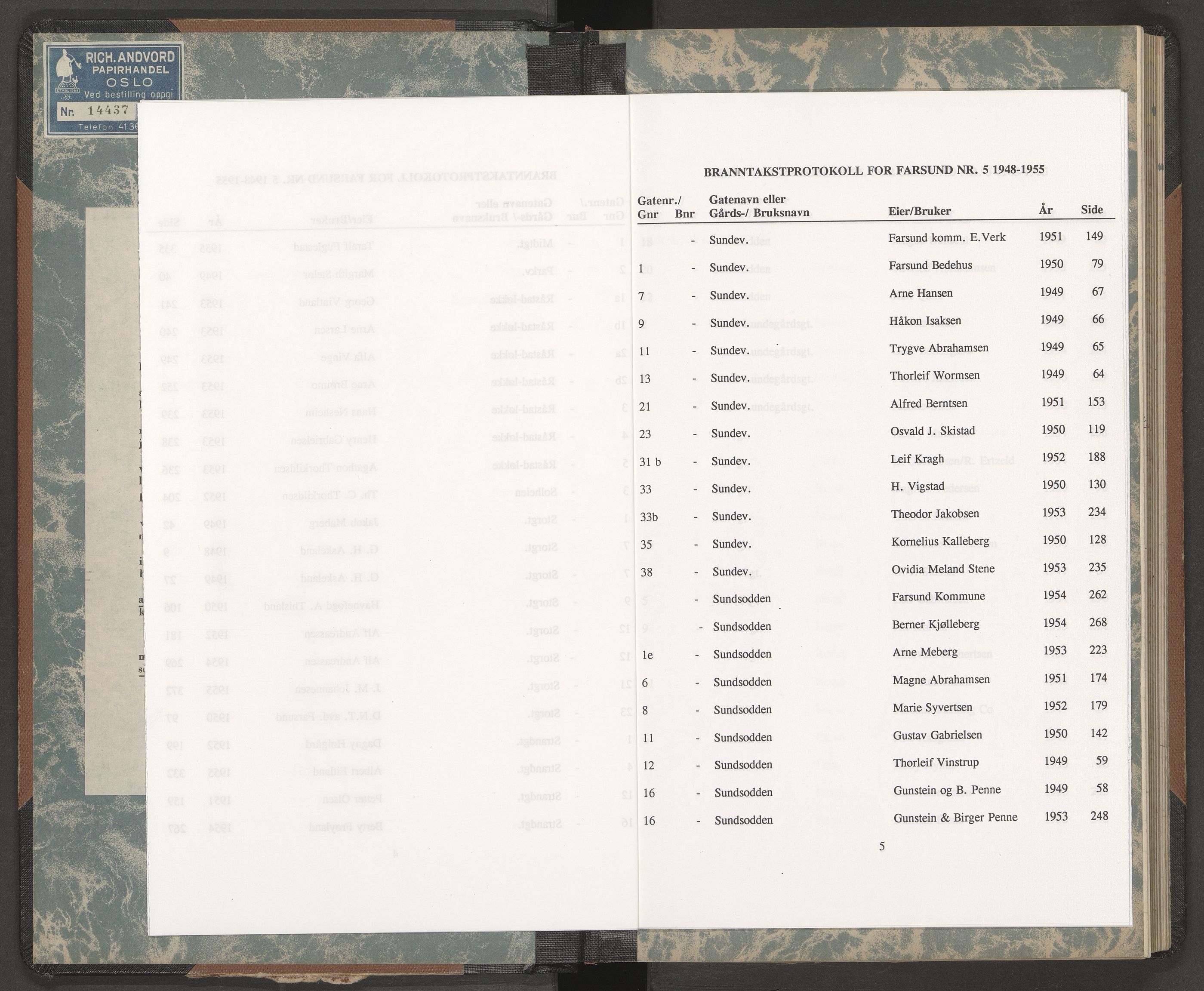 Norges Brannkasse Farsund, AV/SAK-2241-0011/F/Fa/L0004: Branntakstprotokoll nr. 5 med gatenavnsregister og gårdsnavnregister, 1948-1955