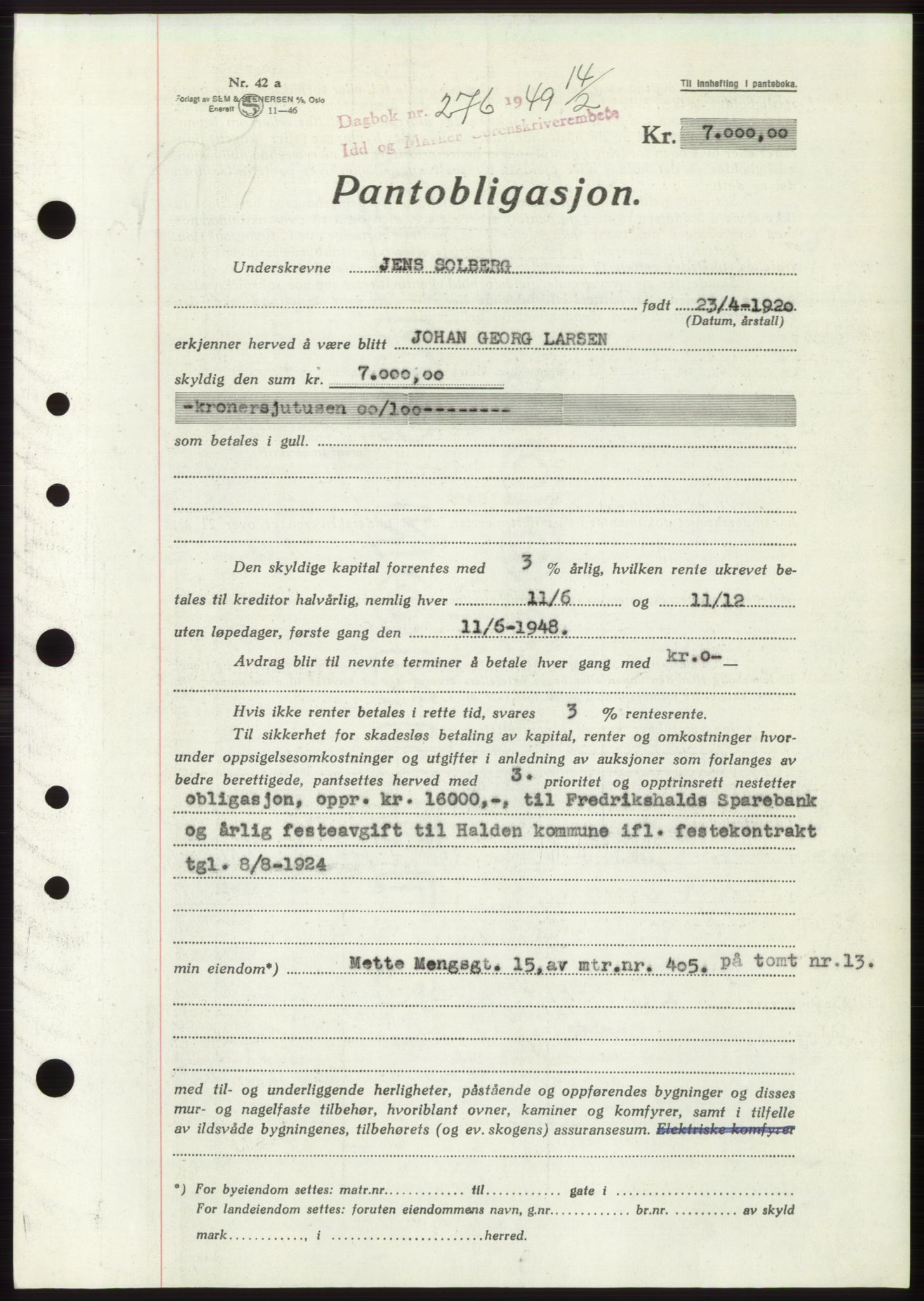 Idd og Marker sorenskriveri, AV/SAO-A-10283/G/Gb/Gbc/L0004: Pantebok nr. B10-15, 1946-1950, Dagboknr: 276/1949