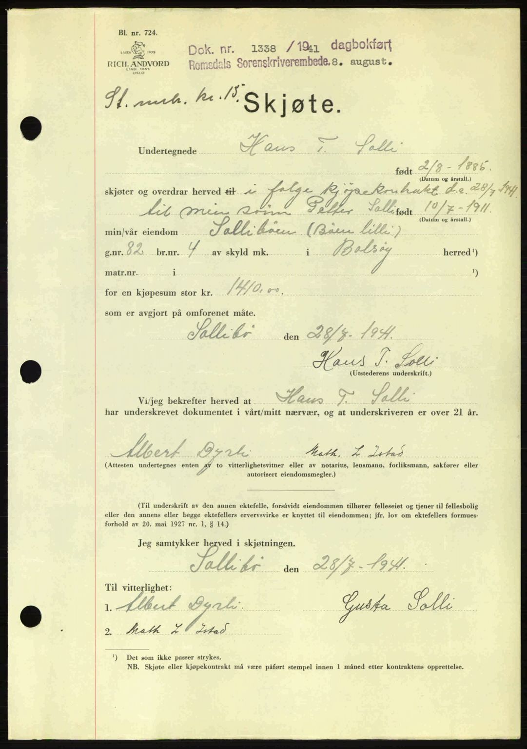 Romsdal sorenskriveri, AV/SAT-A-4149/1/2/2C: Pantebok nr. A10, 1941-1941, Dagboknr: 1338/1941