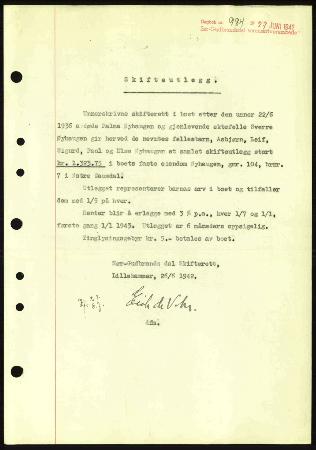 Sør-Gudbrandsdal tingrett, SAH/TING-004/H/Hb/Hbe/L0002: Pantebok nr. B2, 1939-1943, Dagboknr: 984/1942