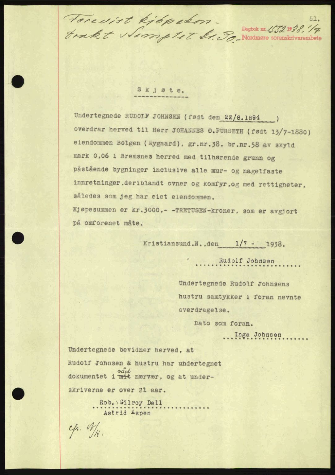 Nordmøre sorenskriveri, SAT/A-4132/1/2/2Ca: Pantebok nr. A84, 1938-1938, Dagboknr: 1552/1938