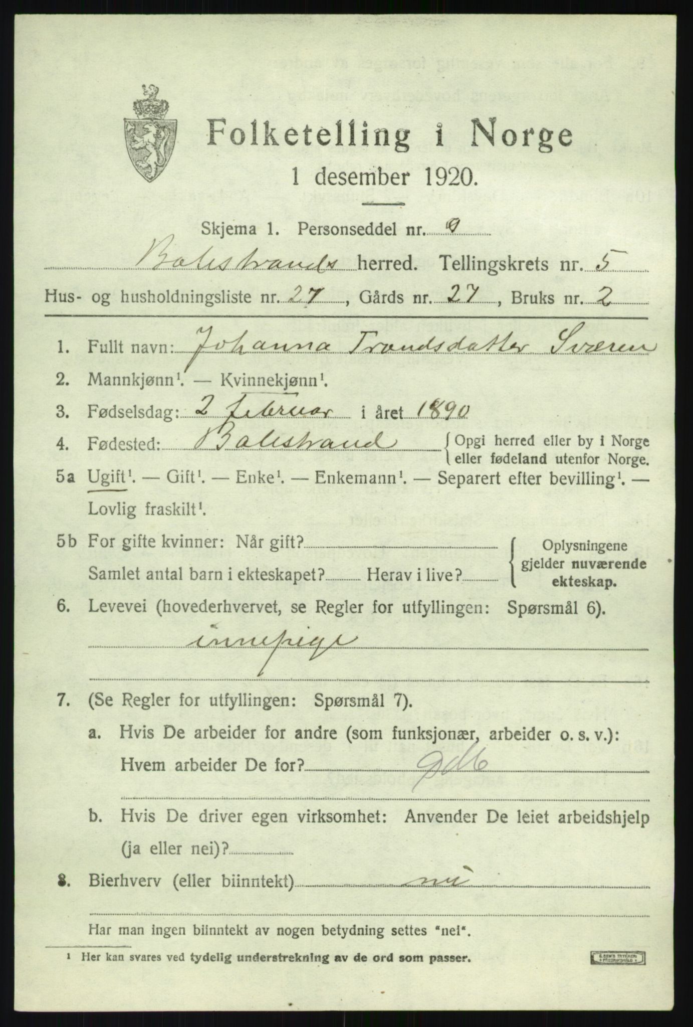 SAB, Folketelling 1920 for 1418 Balestrand herred, 1920, s. 2850