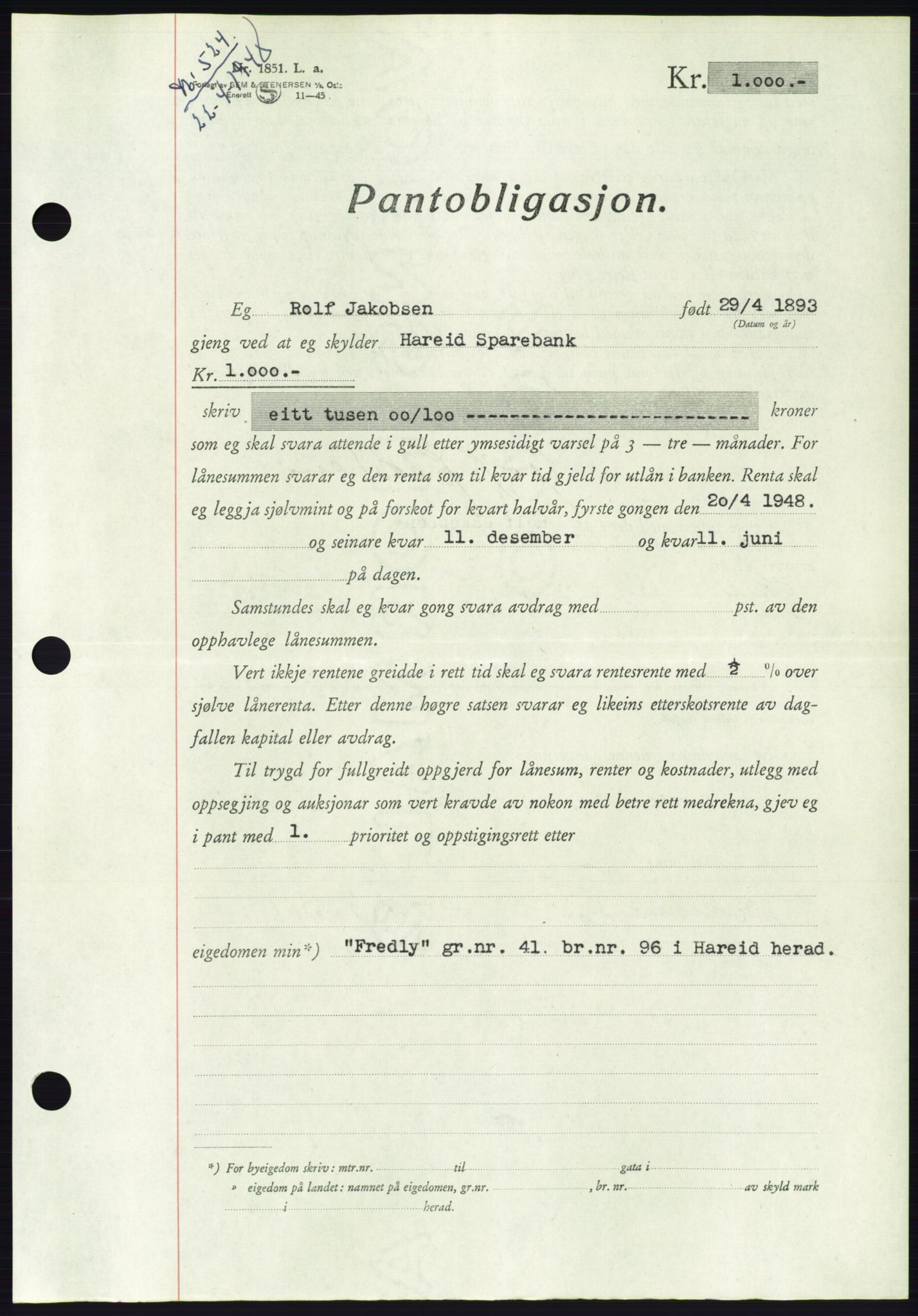 Søre Sunnmøre sorenskriveri, AV/SAT-A-4122/1/2/2C/L0115: Pantebok nr. 3B, 1947-1948, Dagboknr: 524/1948