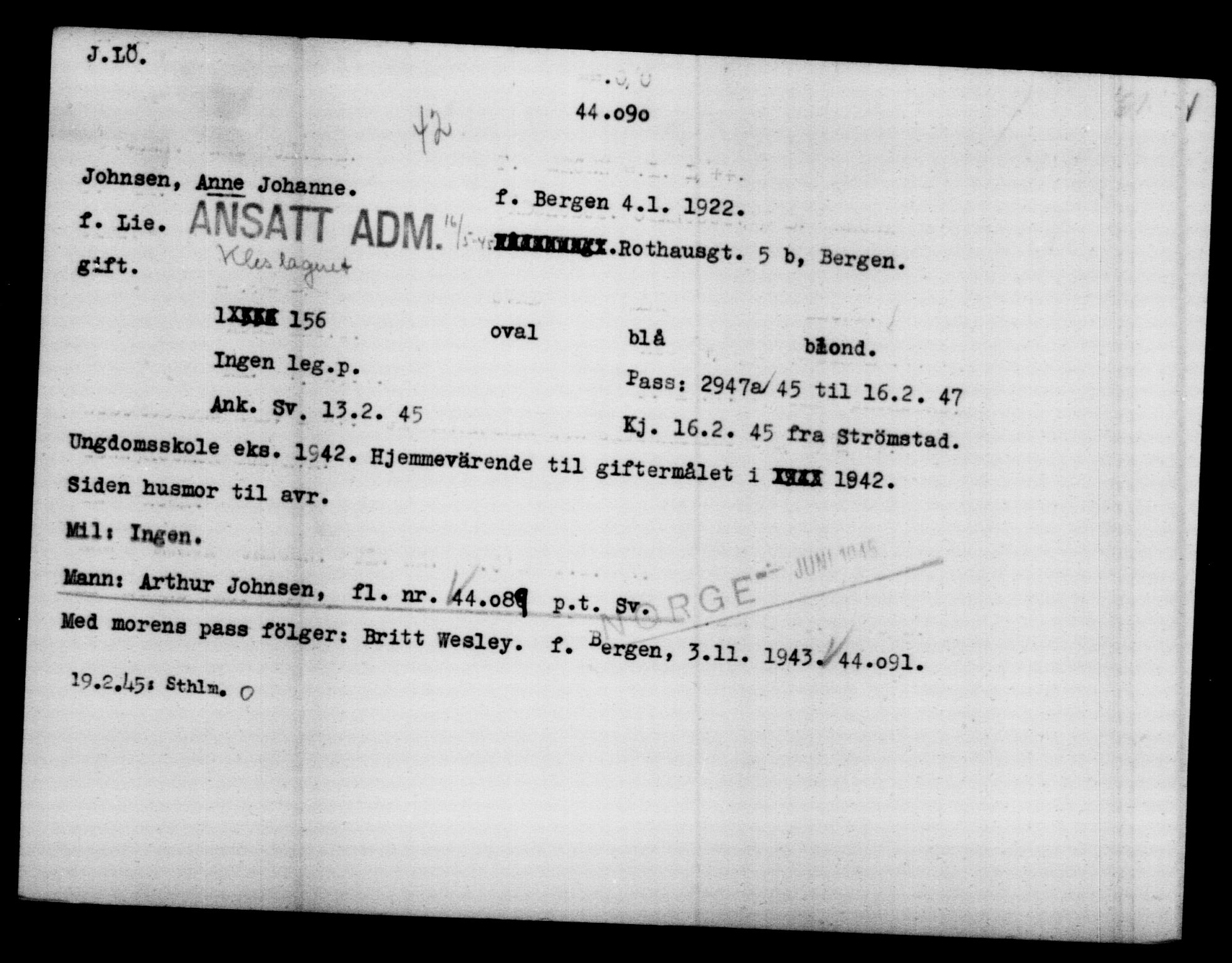 Utenriksstasjonene, Legasjonen i Stockholm, Flyktningkontoret, AV/RA-S-6753/V/Va/L0017: Kjesäterkartoteket, flyktninger med registreringsnr. 43400-46318, 1940-1945, s. 721