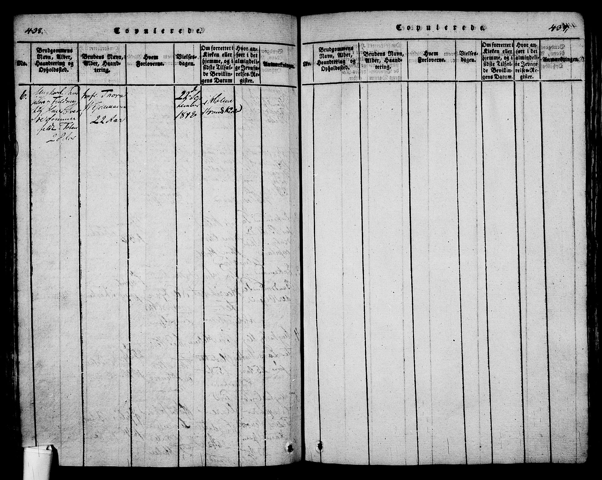 Holmestrand kirkebøker, AV/SAKO-A-346/G/Ga/L0001: Klokkerbok nr. 1, 1814-1848, s. 438-439