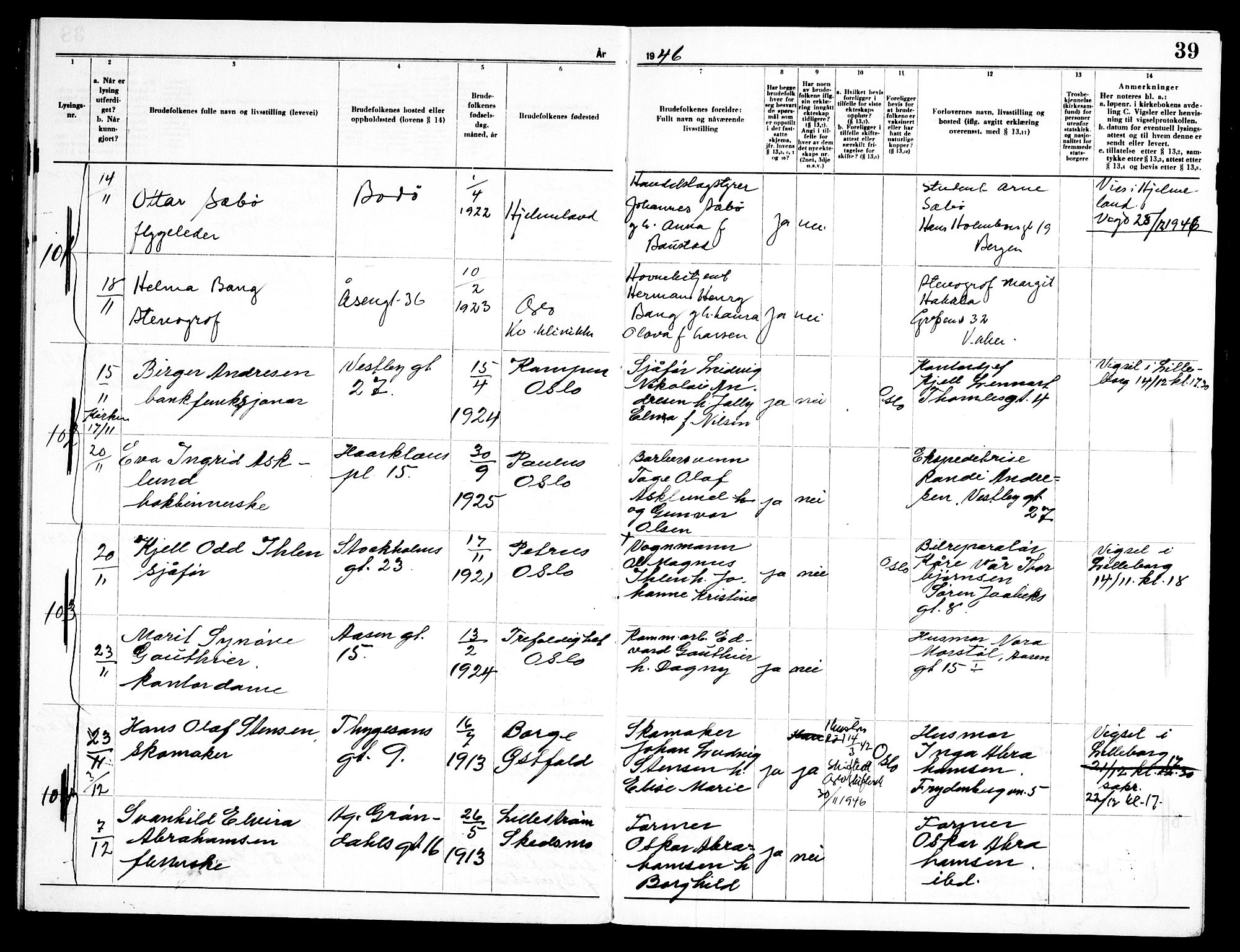 Torshov prestekontor Kirkebøker, AV/SAO-A-10238a/H/Ha/L0003: Lysningsprotokoll nr. 3, 1945-1948, s. 39