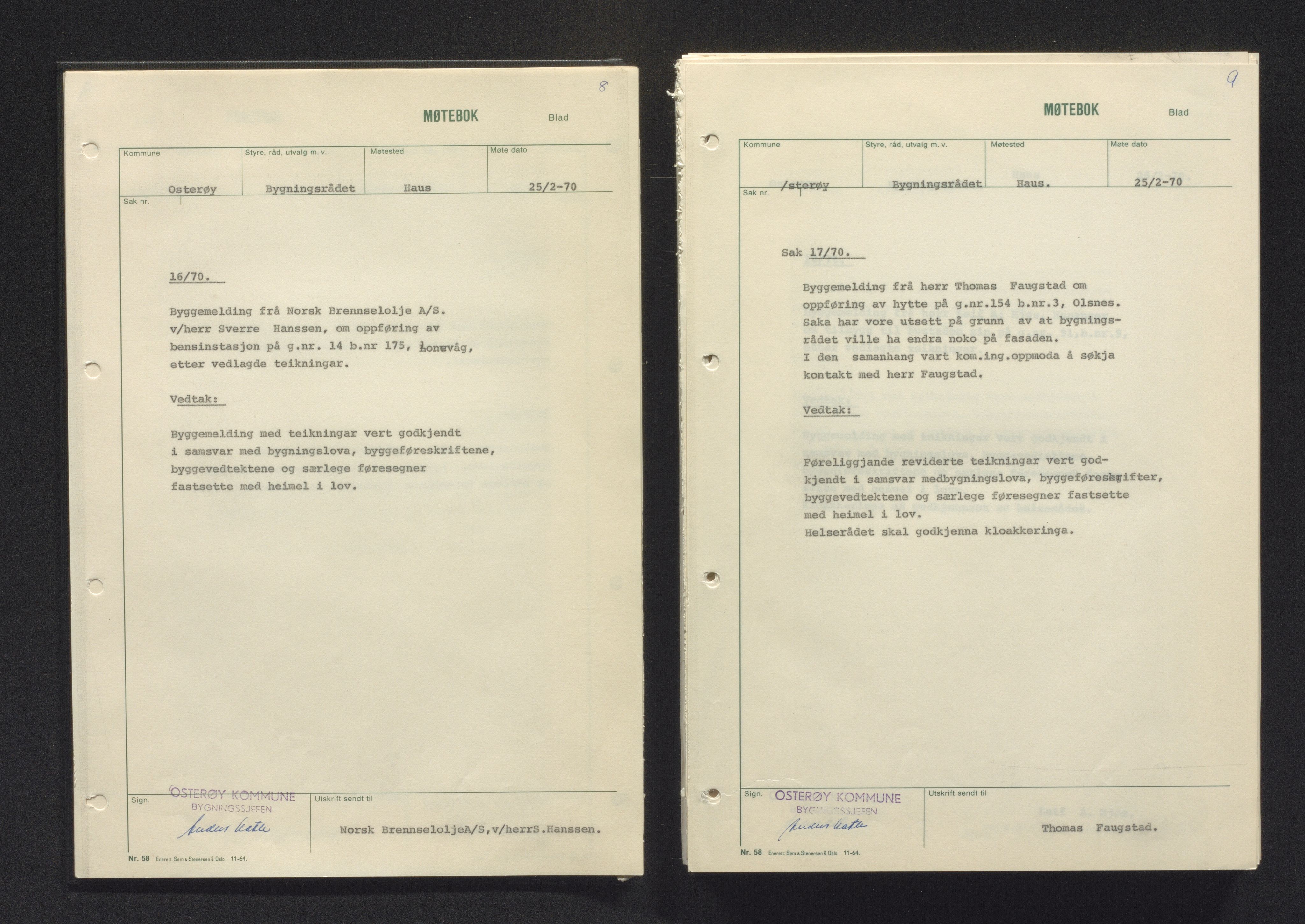 Osterøy kommune. Bygningsrådet, IKAH/1253b-511/A/Aa/L0005: Møtebok Osterøy bygningsråd, 1970