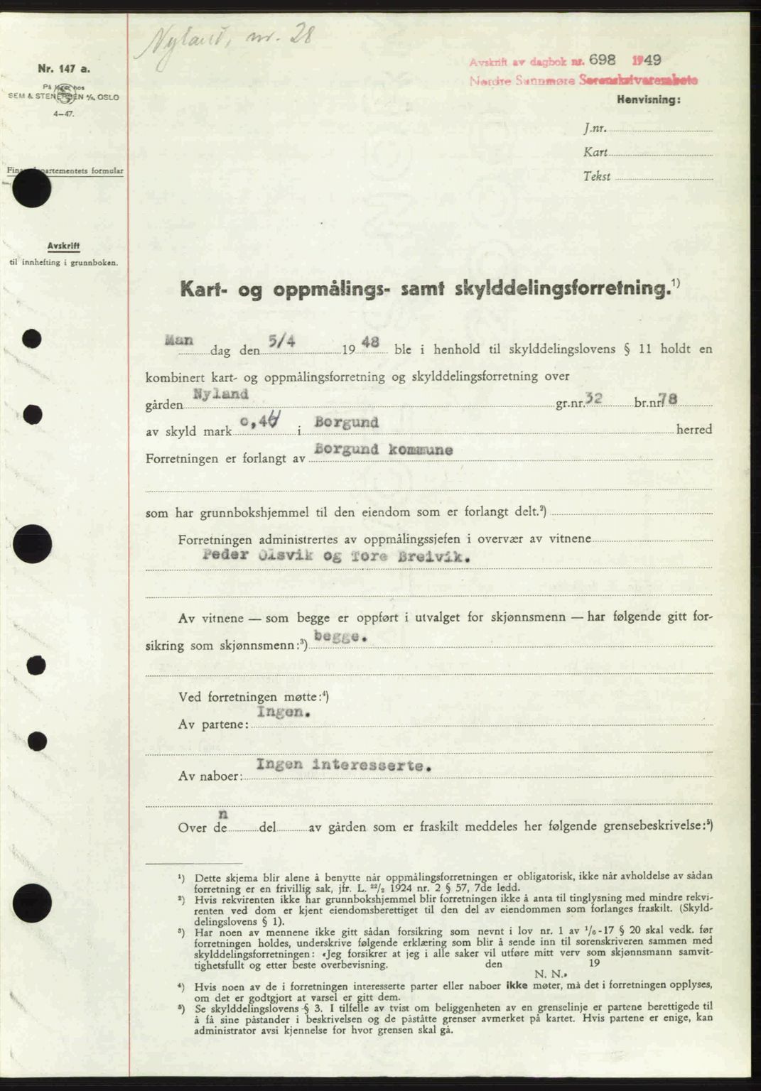 Nordre Sunnmøre sorenskriveri, SAT/A-0006/1/2/2C/2Ca: Pantebok nr. A30, 1949-1949, Dagboknr: 698/1949