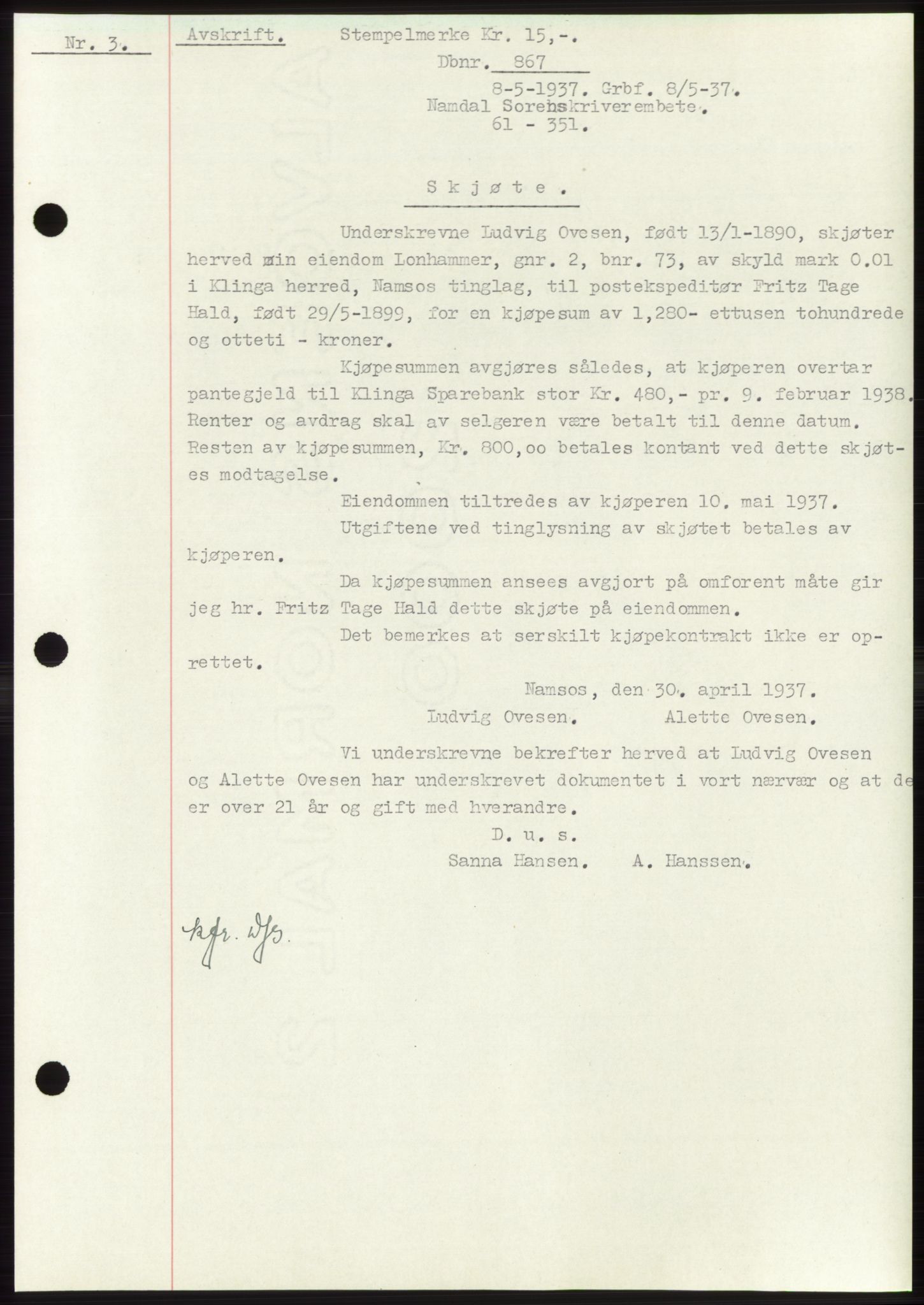 Namdal sorenskriveri, SAT/A-4133/1/2/2C: Pantebok nr. -, 1937-1939, Tingl.dato: 08.05.1937