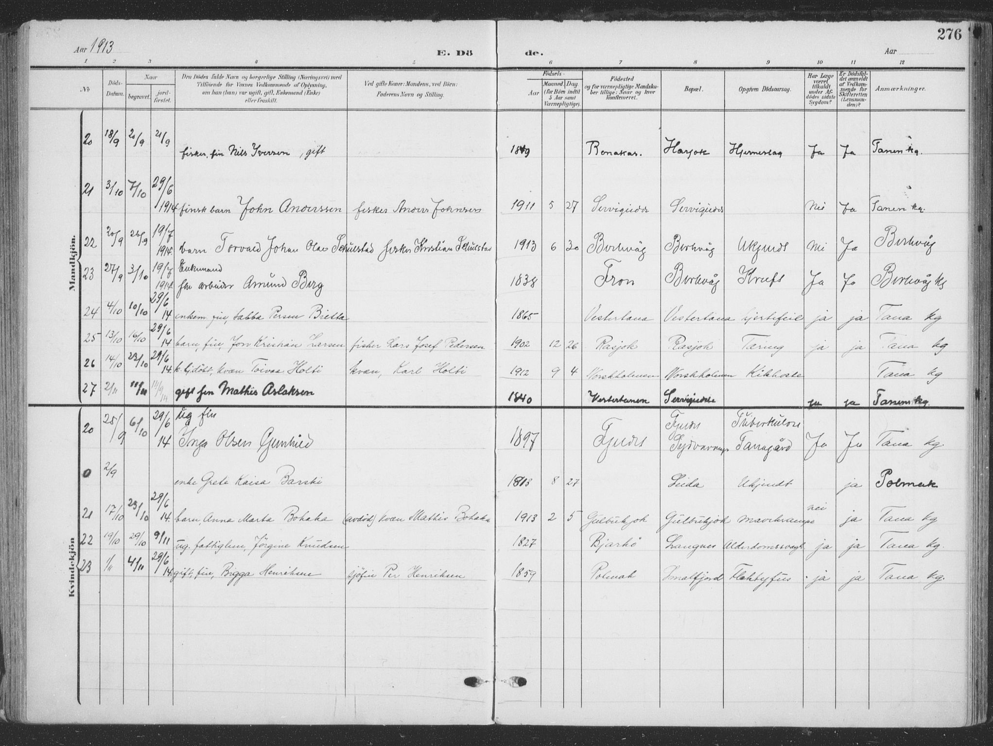 Tana sokneprestkontor, AV/SATØ-S-1334/H/Ha/L0007kirke: Ministerialbok nr. 7, 1904-1918, s. 276