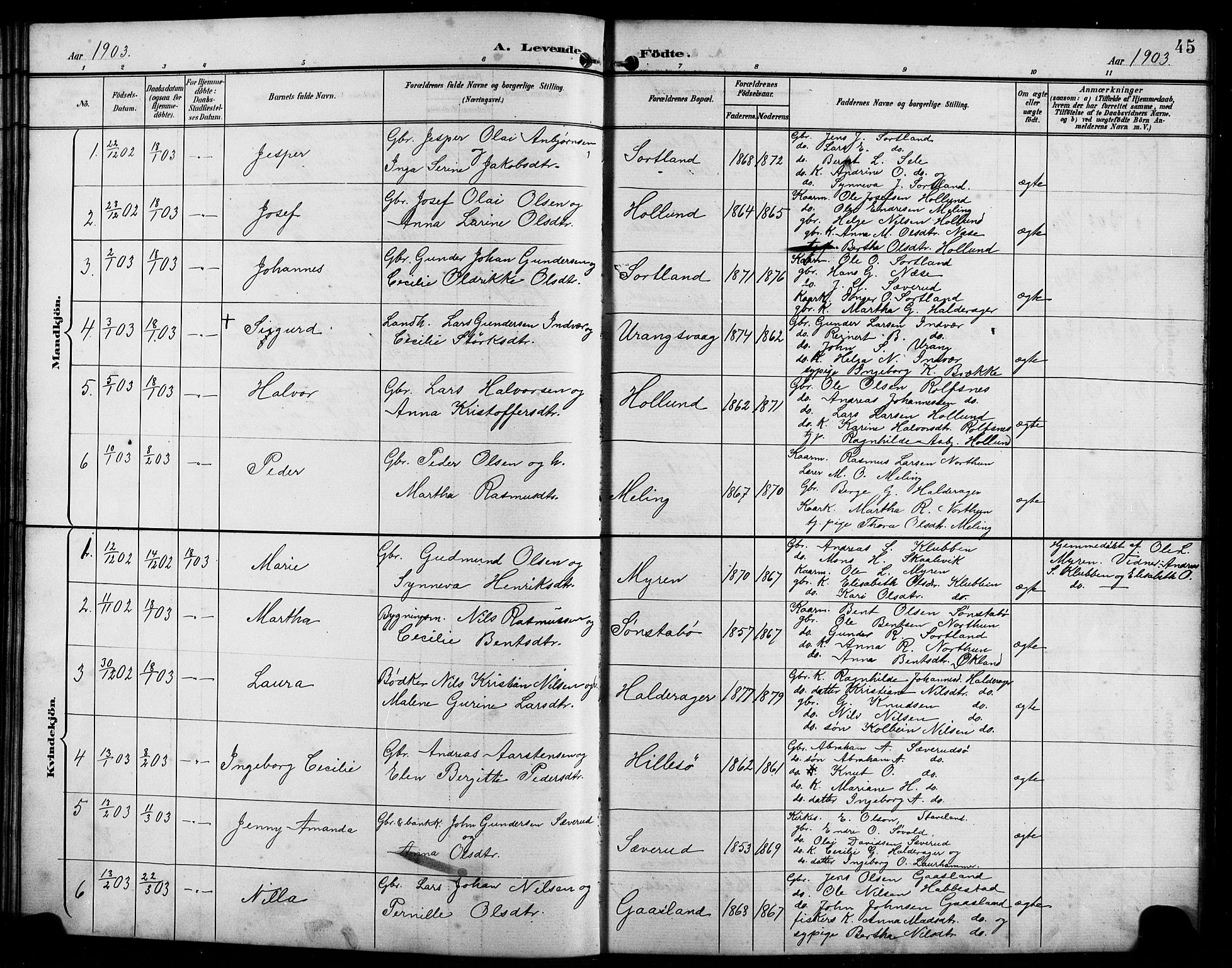 Finnås sokneprestembete, AV/SAB-A-99925/H/Ha/Hab/Habb/L0004: Klokkerbok nr. B 4, 1897-1907, s. 45