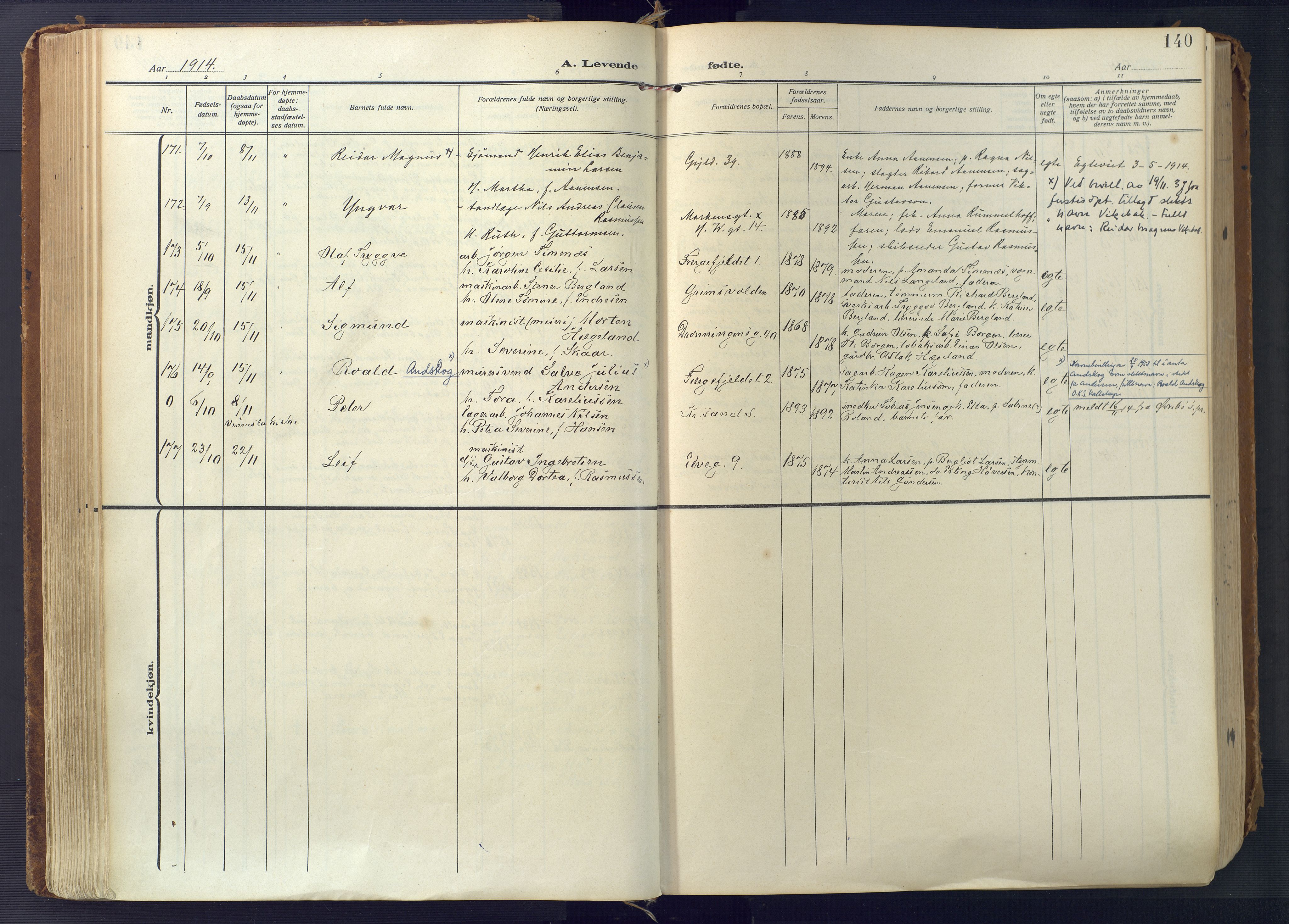 Kristiansand domprosti, AV/SAK-1112-0006/F/Fa/L0023: Ministerialbok nr. A 22, 1909-1917, s. 140
