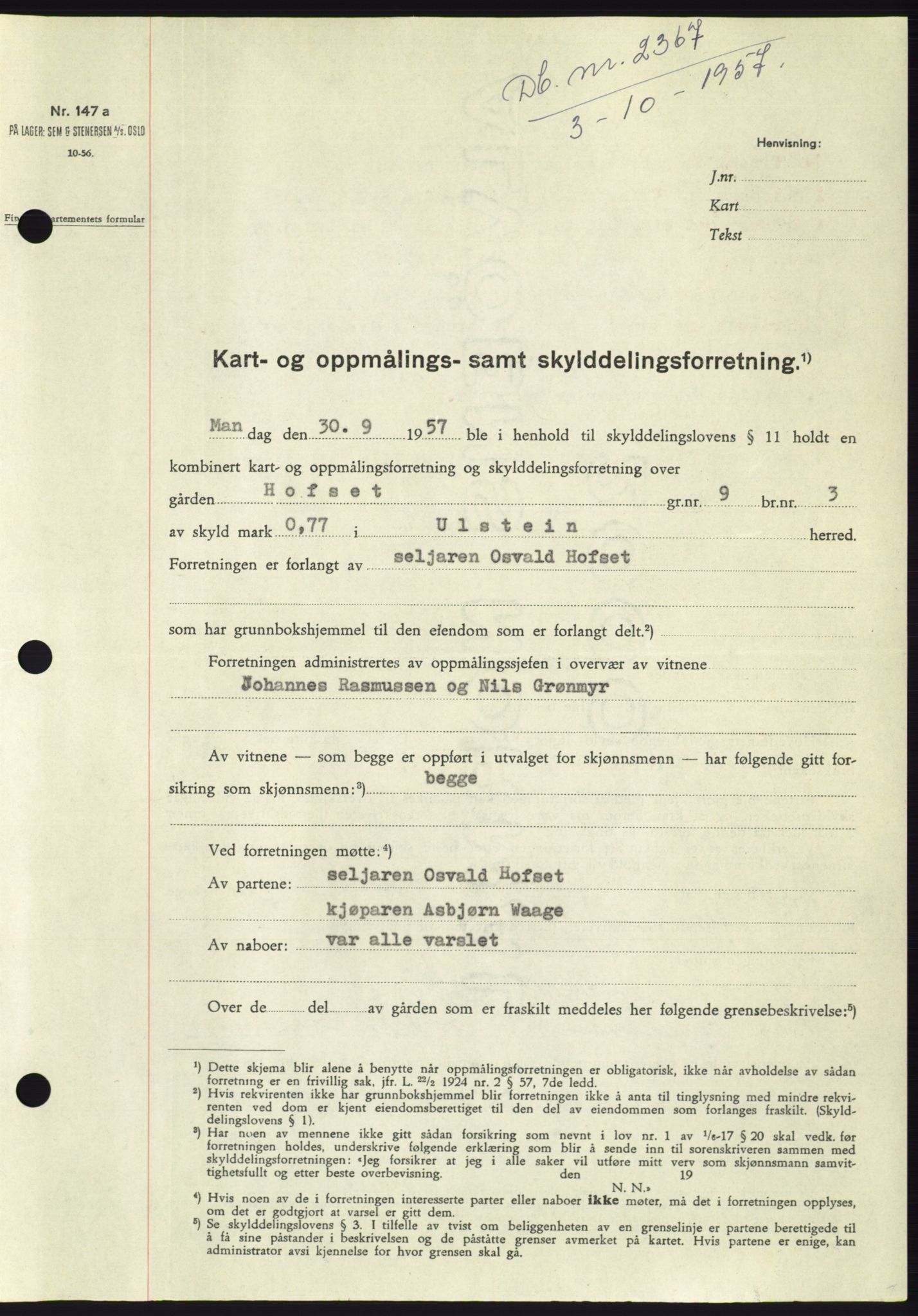 Søre Sunnmøre sorenskriveri, SAT/A-4122/1/2/2C/L0107: Pantebok nr. 33A, 1957-1957, Dagboknr: 2367/1957