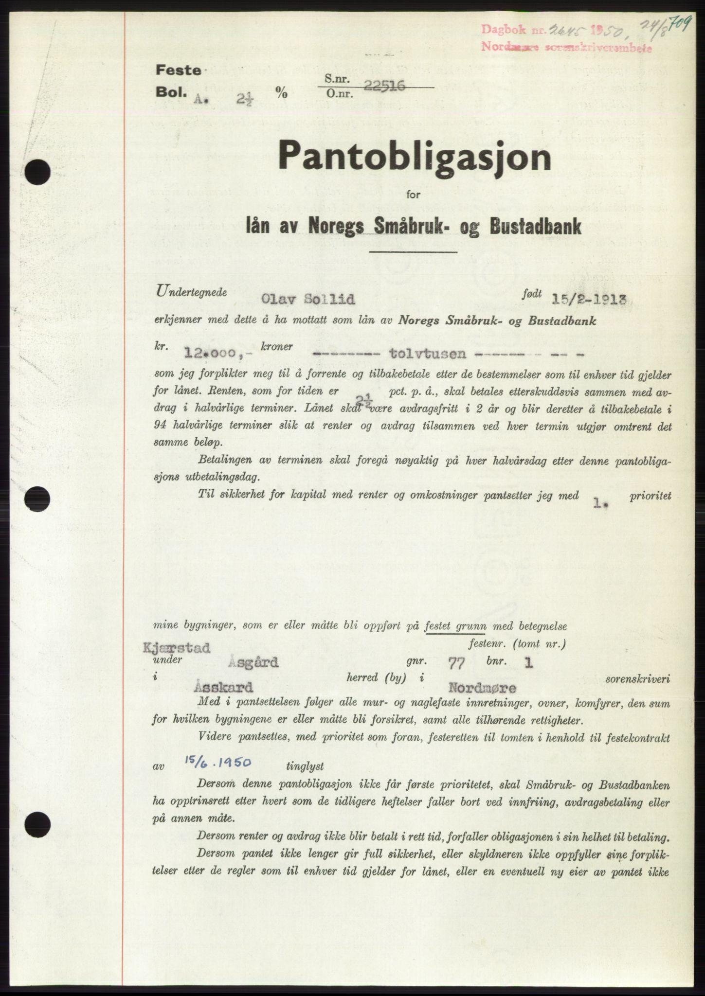 Nordmøre sorenskriveri, AV/SAT-A-4132/1/2/2Ca: Pantebok nr. B105, 1950-1950, Dagboknr: 2645/1950