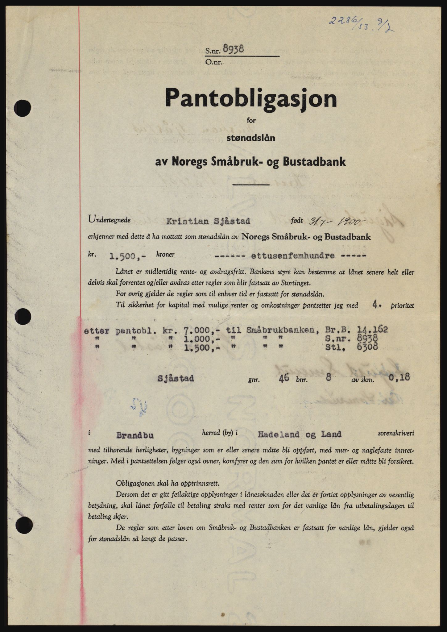 Hadeland og Land tingrett, SAH/TING-010/H/Hb/Hbc/L0027: Pantebok nr. B27, 1953-1953, Dagboknr: 2286/1953