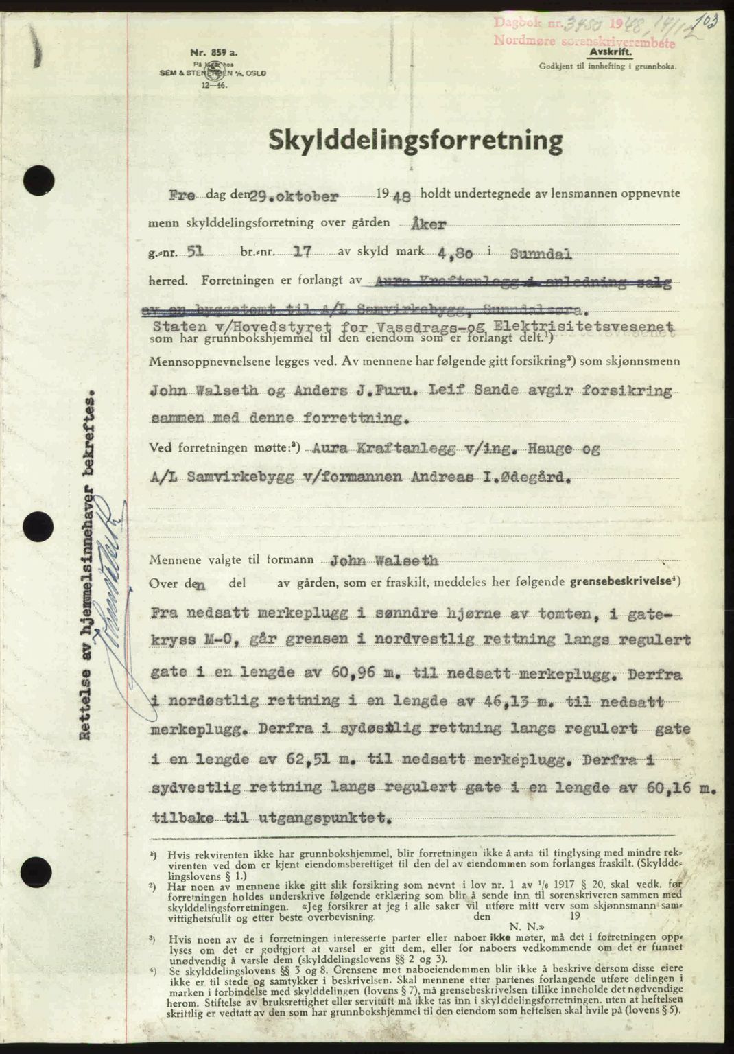 Nordmøre sorenskriveri, SAT/A-4132/1/2/2Ca: Pantebok nr. A110, 1948-1949, Dagboknr: 3450/1948