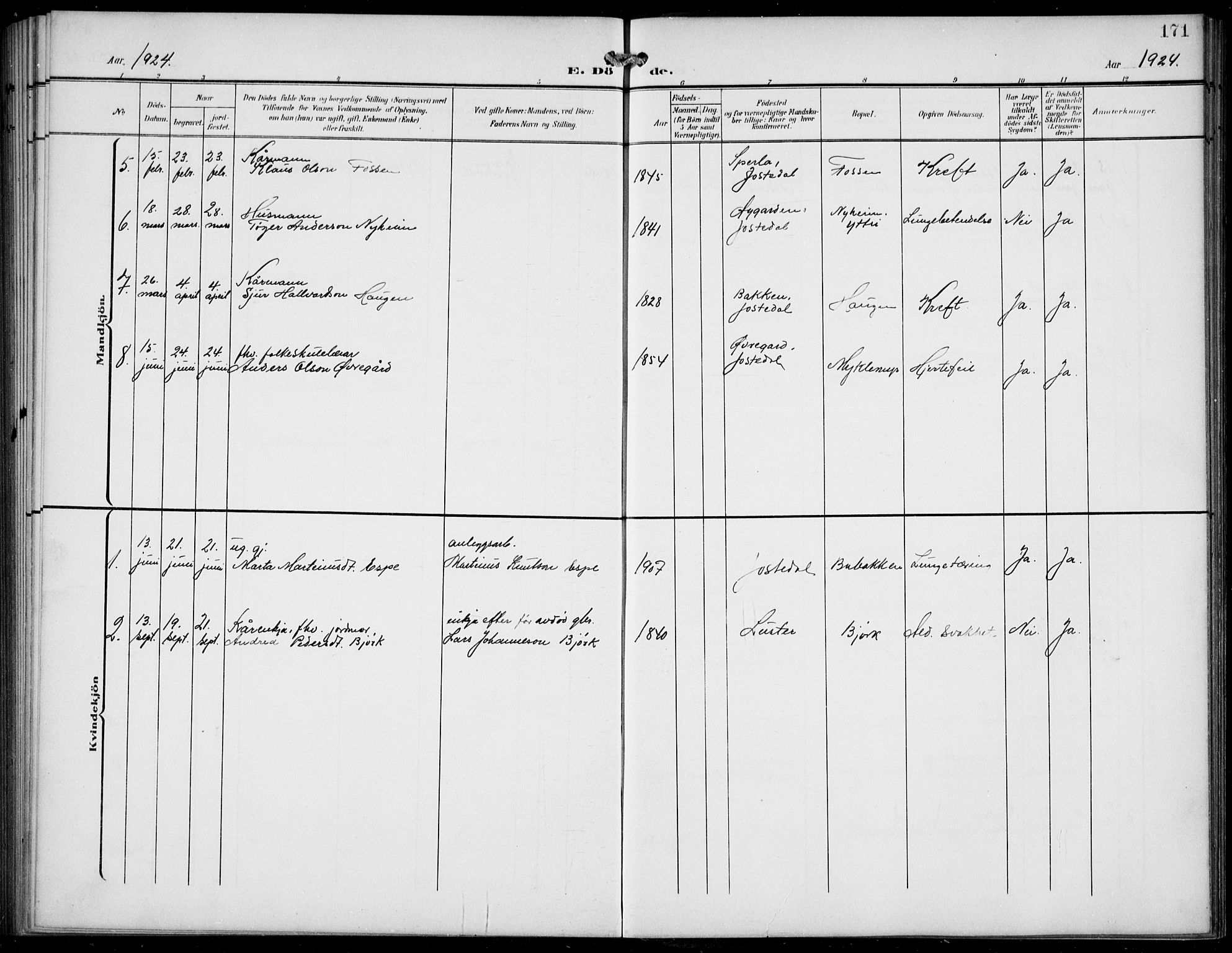 Jostedal sokneprestembete, AV/SAB-A-80601/H/Hab/Haba/L0002: Klokkerbok nr. A 2, 1907-1931, s. 171