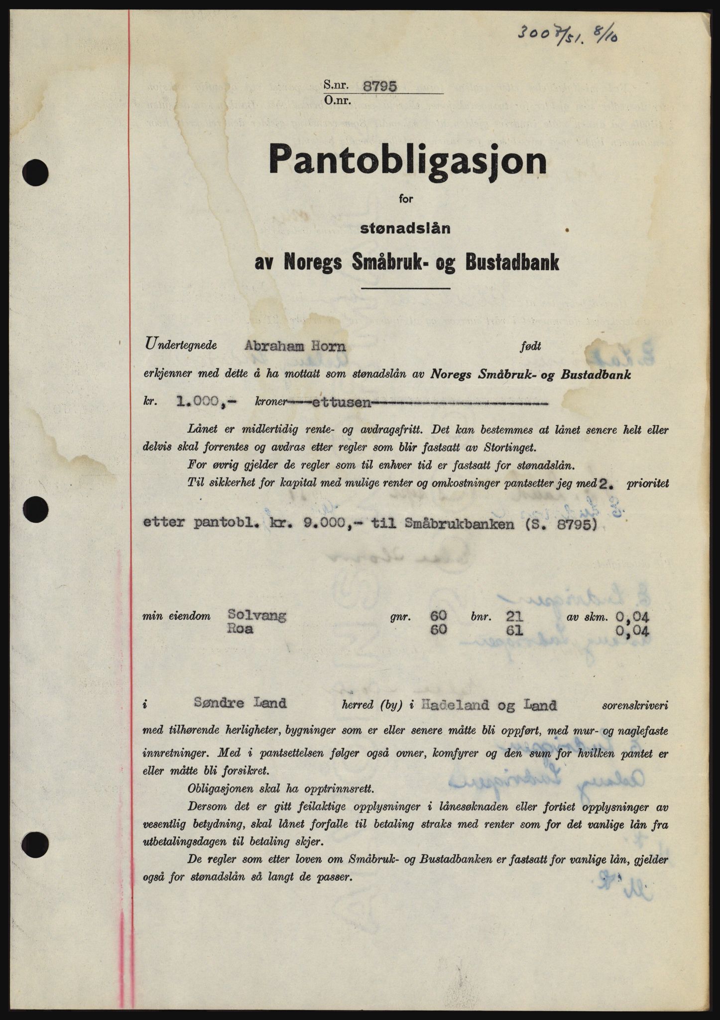 Hadeland og Land tingrett, SAH/TING-010/H/Hb/Hbc/L0022: Pantebok nr. B22, 1951-1951, Dagboknr: 3007/1951