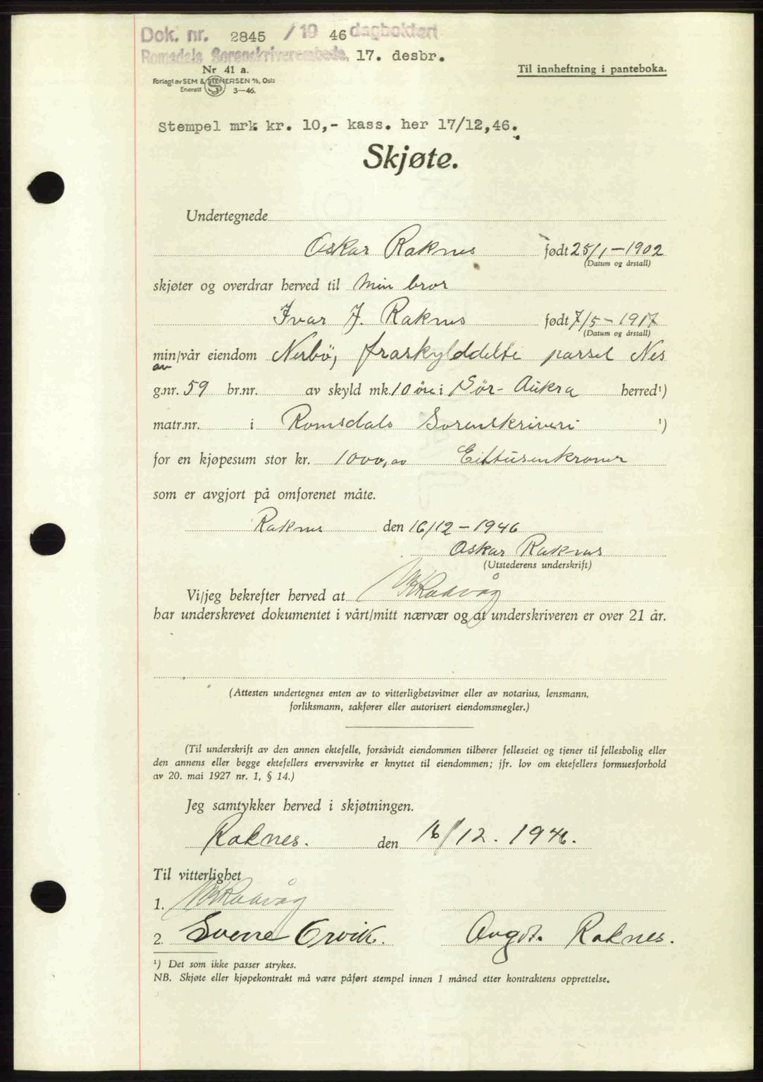 Romsdal sorenskriveri, AV/SAT-A-4149/1/2/2C: Pantebok nr. A21, 1946-1946, Dagboknr: 2845/1946
