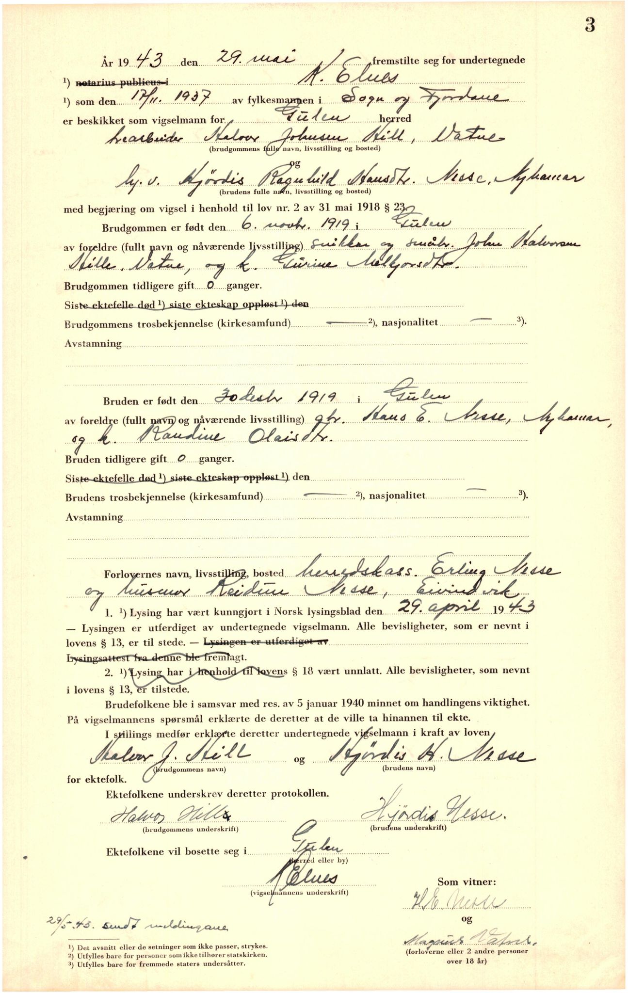 Ytre Sogn tingrett, AV/SAB-A-2601/1/M/Ma/L0003: Vigselsbok, 1943-1945, s. 3