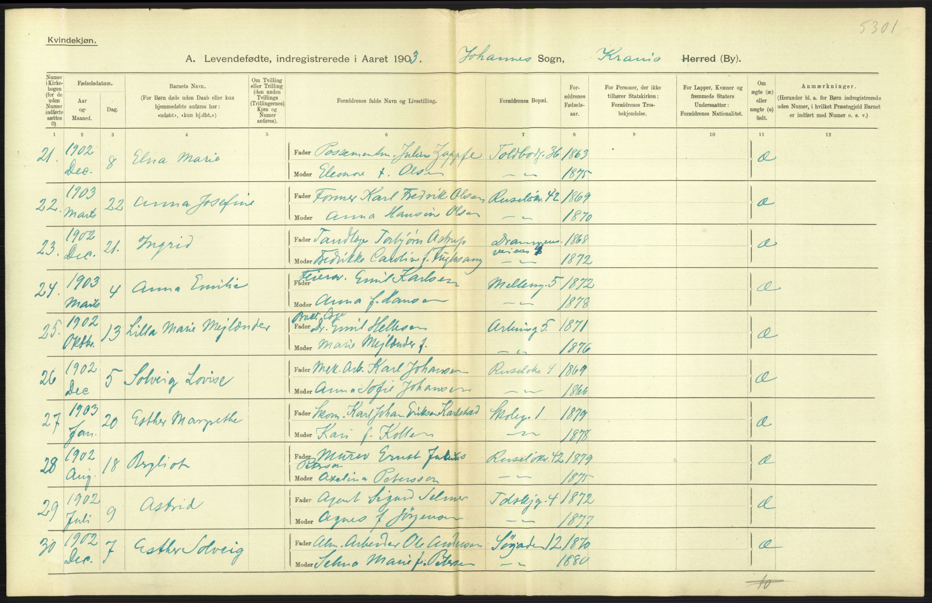 Statistisk sentralbyrå, Sosiodemografiske emner, Befolkning, AV/RA-S-2228/D/Df/Dfa/Dfaa/L0003: Kristiania: Fødte, 1903, s. 535